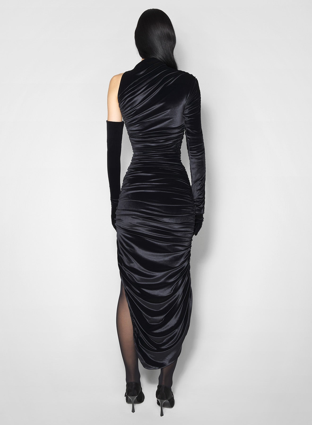 black asymmetric rushed velvet dress - 3