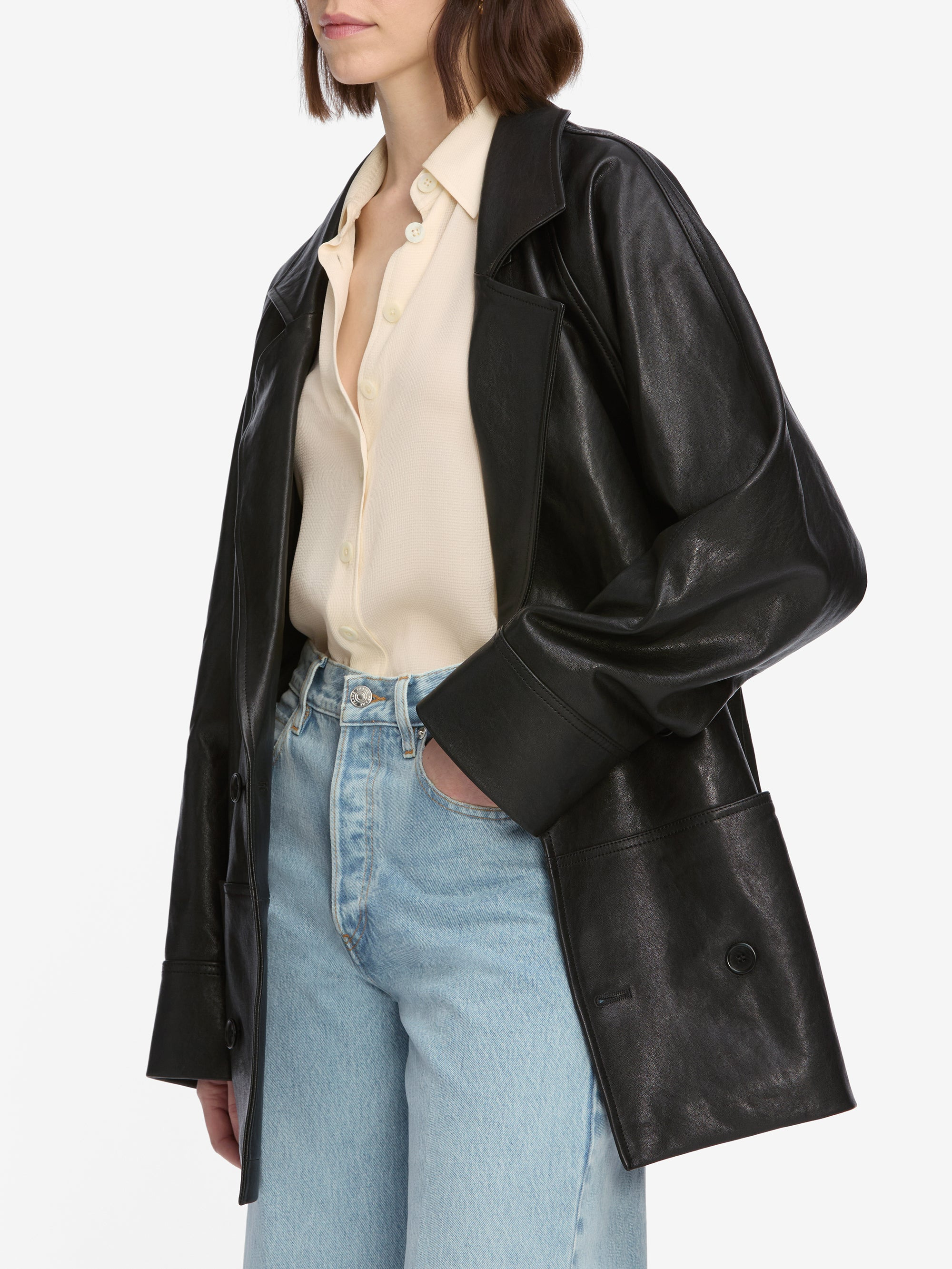 Oversized Leather Jacket in Black - 5