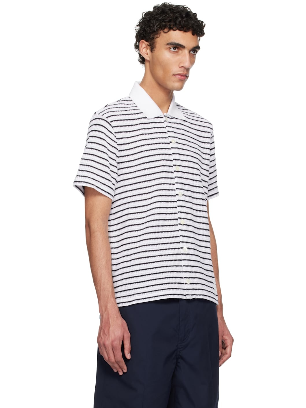 White & Navy Short Sleeve Button Down Shirt - 2
