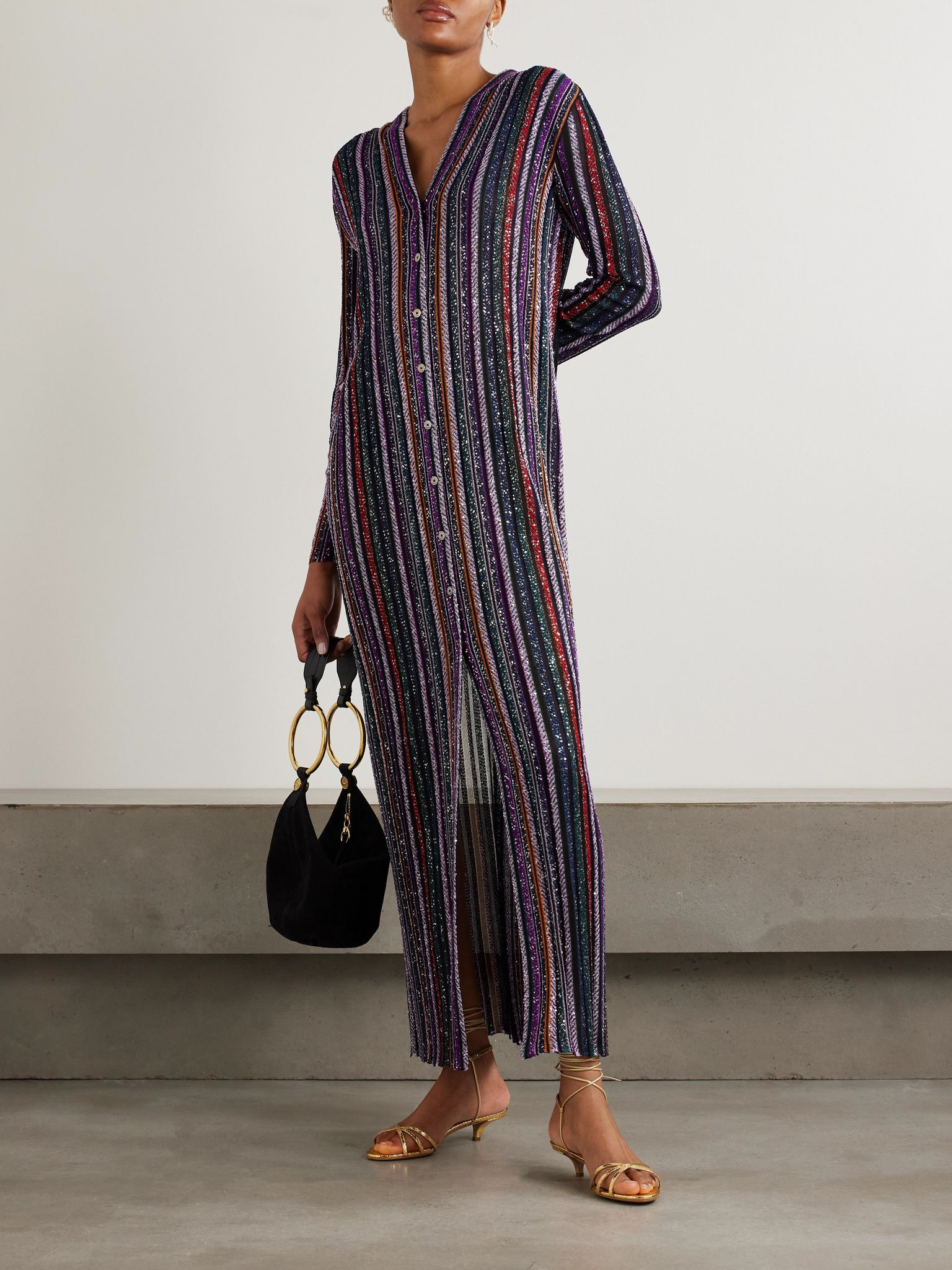 Sequin-embellished striped crochet-knit cardigan Black - 2
