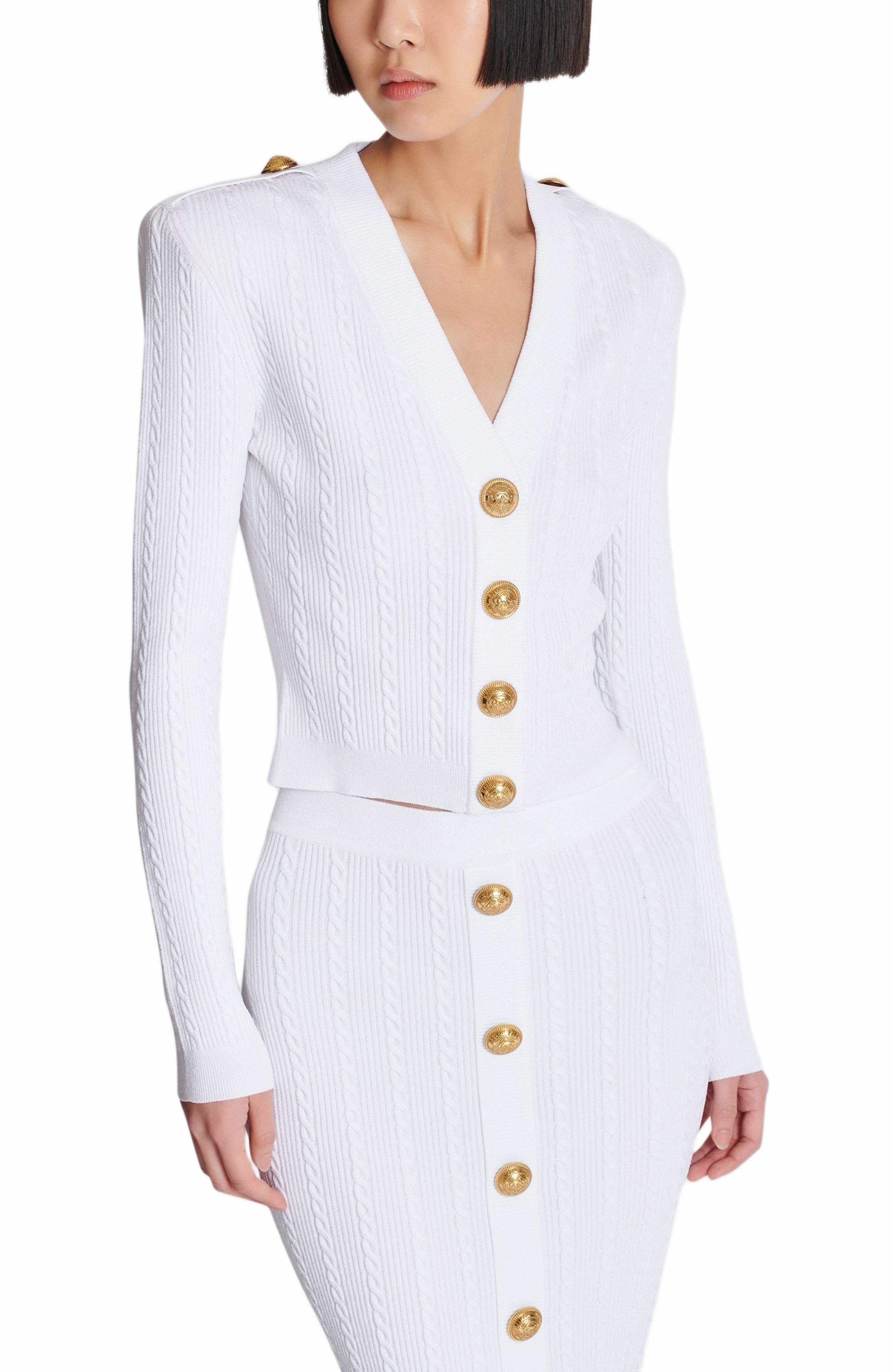Balmain Long-sleeved cable-knit cardigan in White at Nordstrom - 6