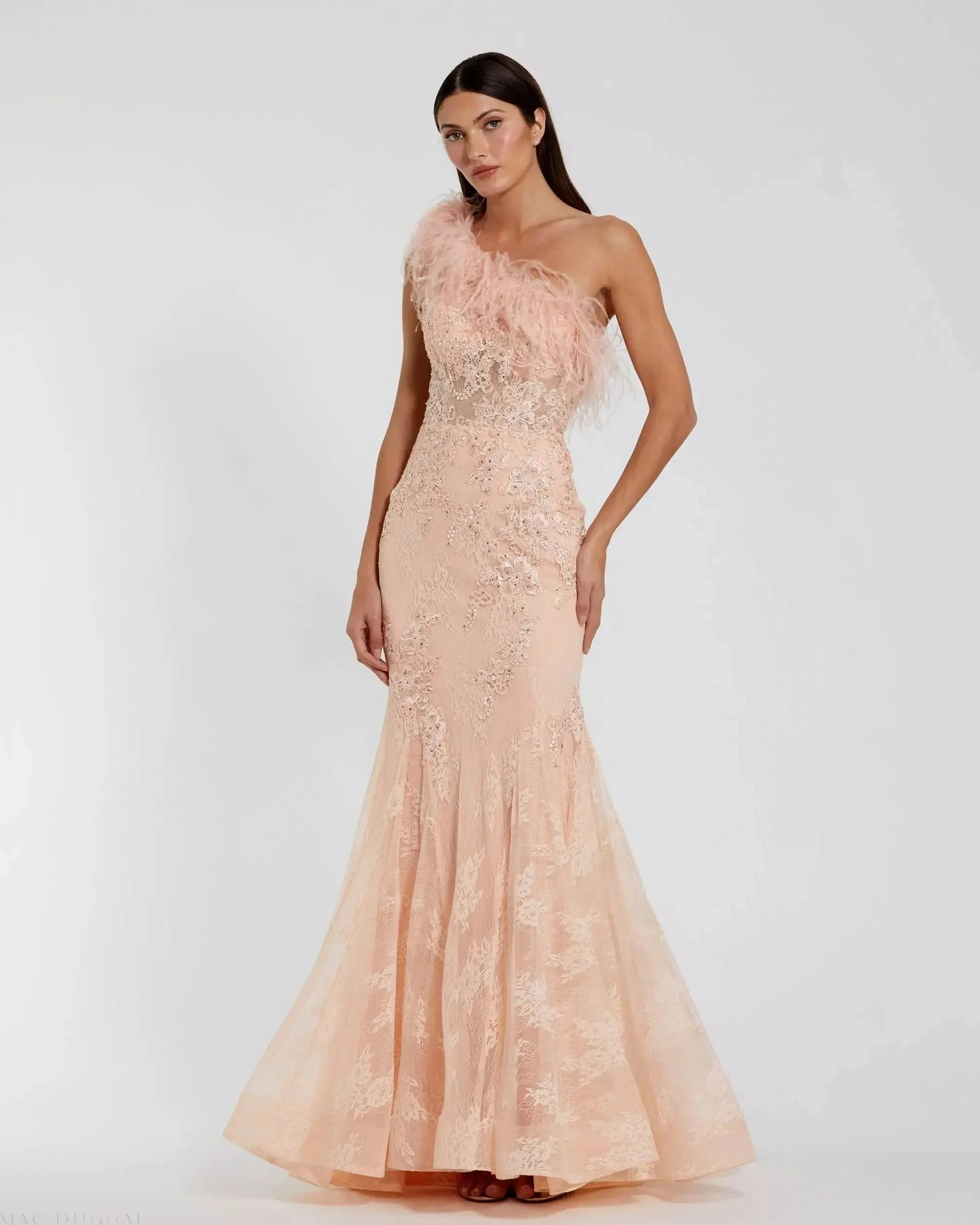 Pink One Shoulder Feather Embellished Mermaid Gown - 1