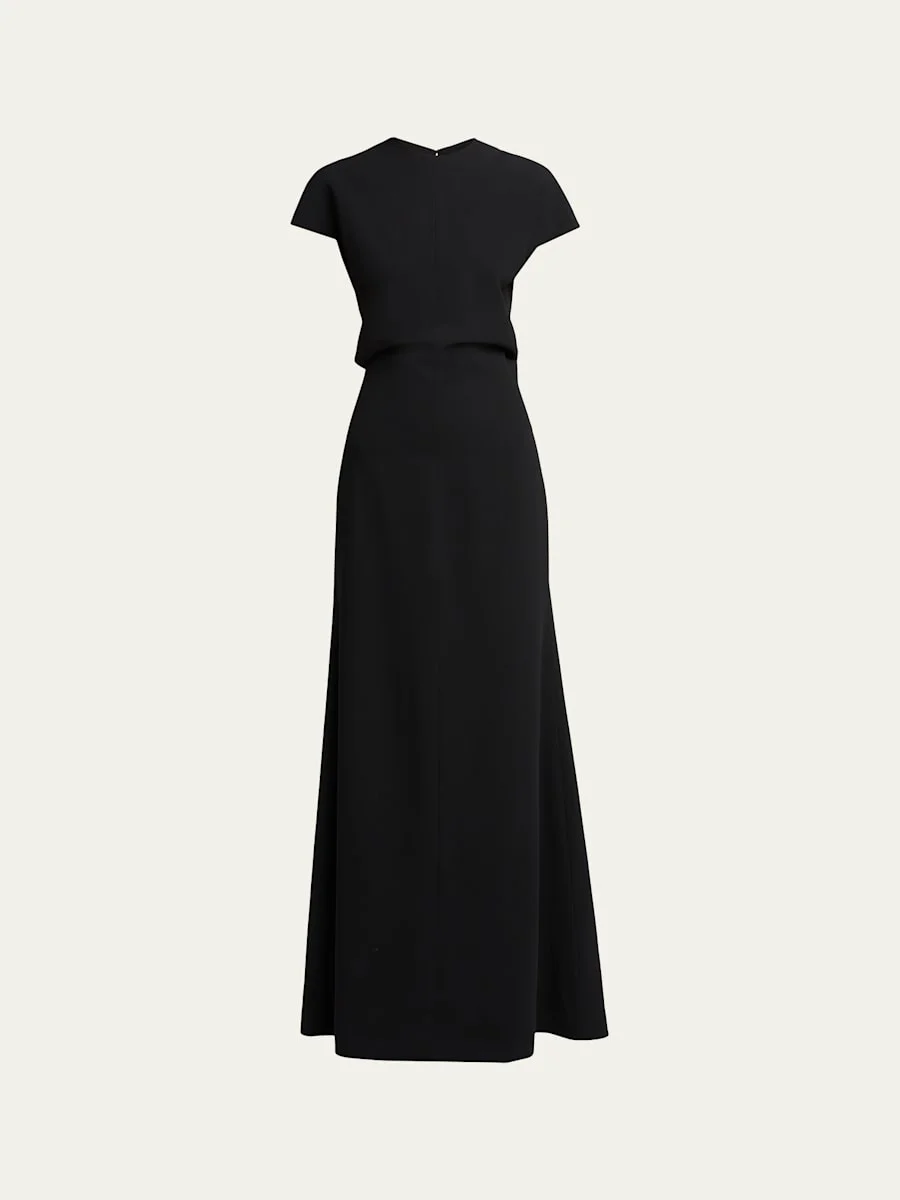 Open Back Short-Sleeve Long Wool Dress - 1