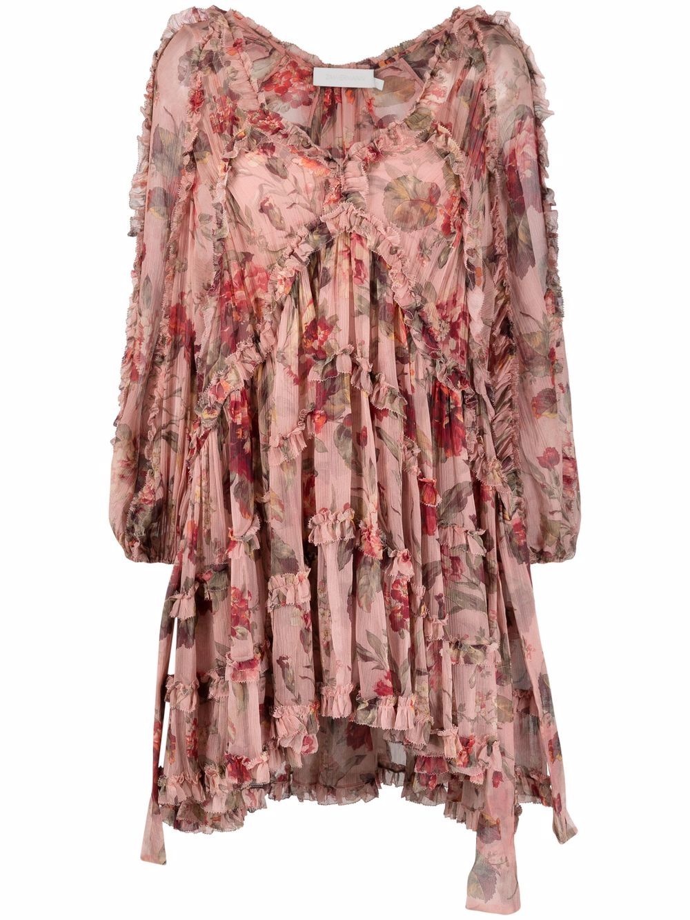 ruffled-trim floral smock dress - 1