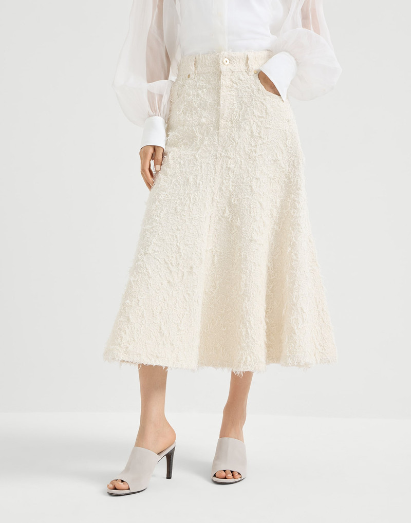 Fuzzy dyed denim five-pocket flared skirt with monili 2