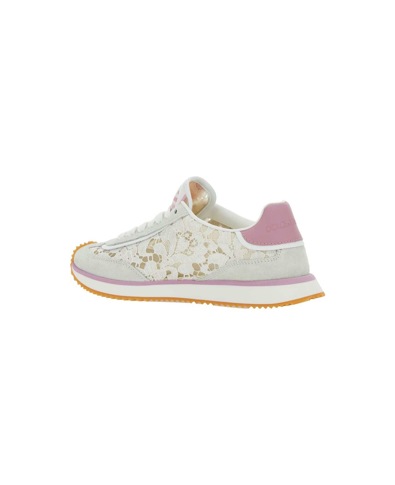 White Low Top With Lace Details And Dg Patch On The Side In Fabric And Suede Blend Woman - 3