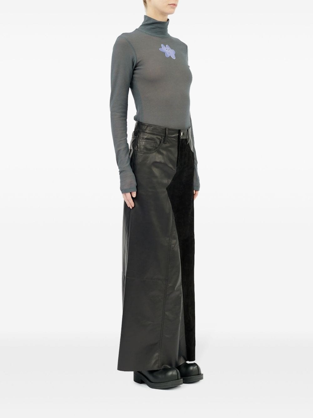 5-pockets panelled leather long skirt - 3