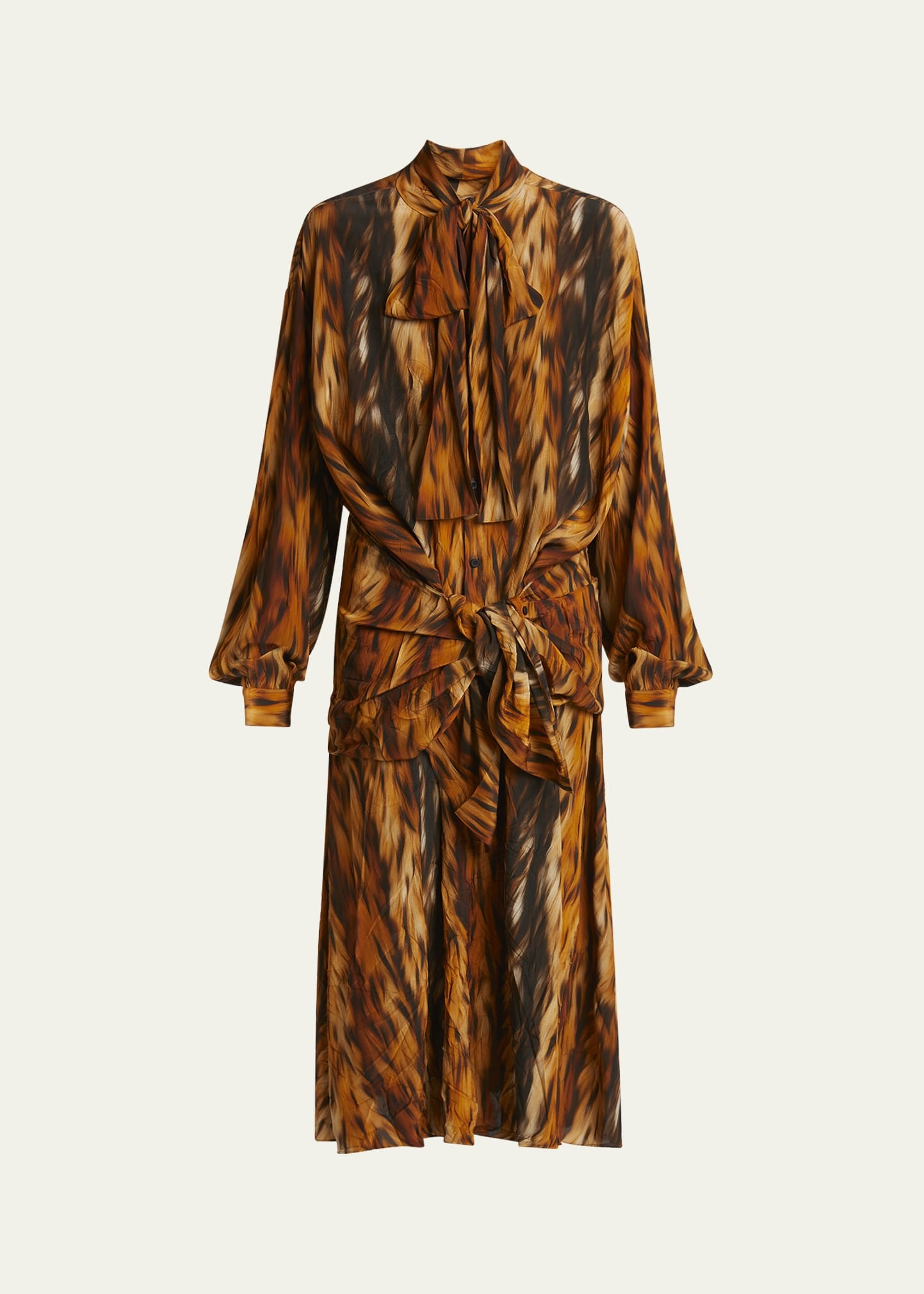 Long Fur Print Knotted Crepe Dress - 1
