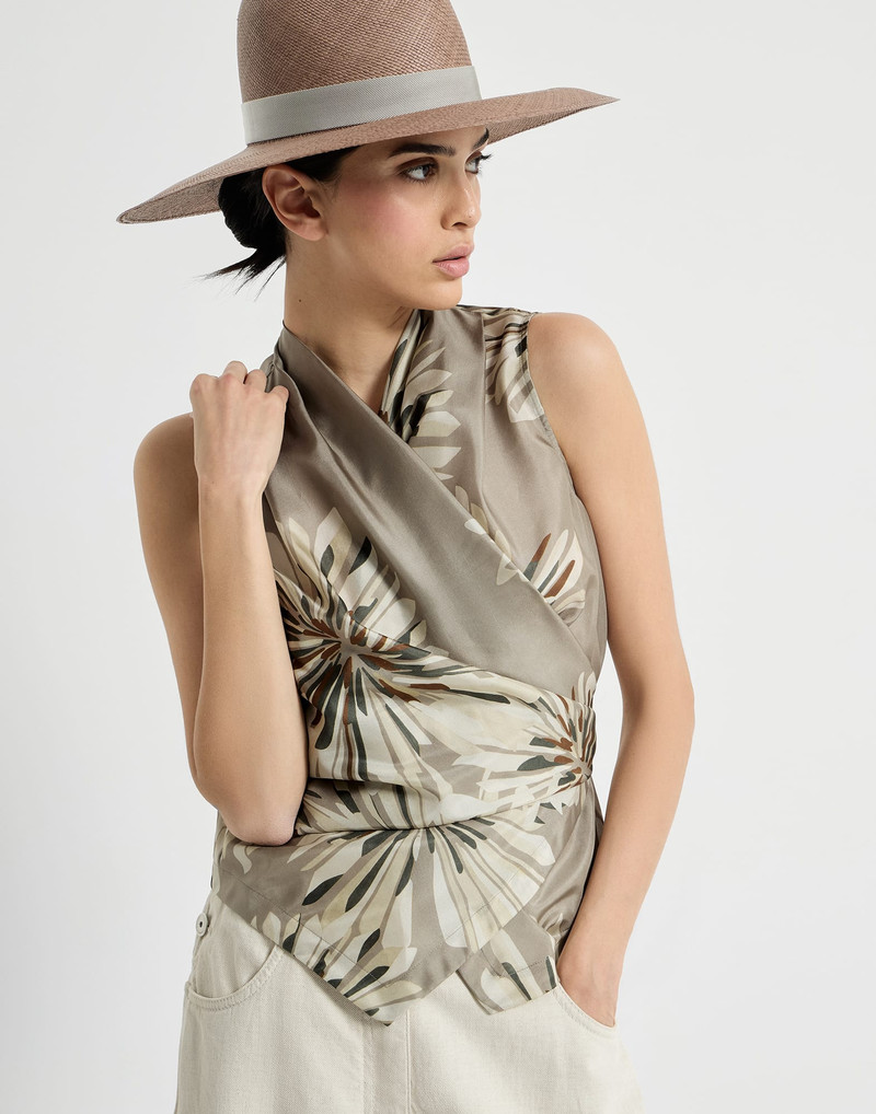 Silk bloom print pongee vest with monili 5