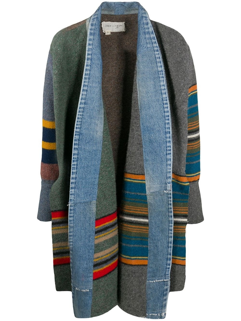 striped denim-trimmed coat - 1