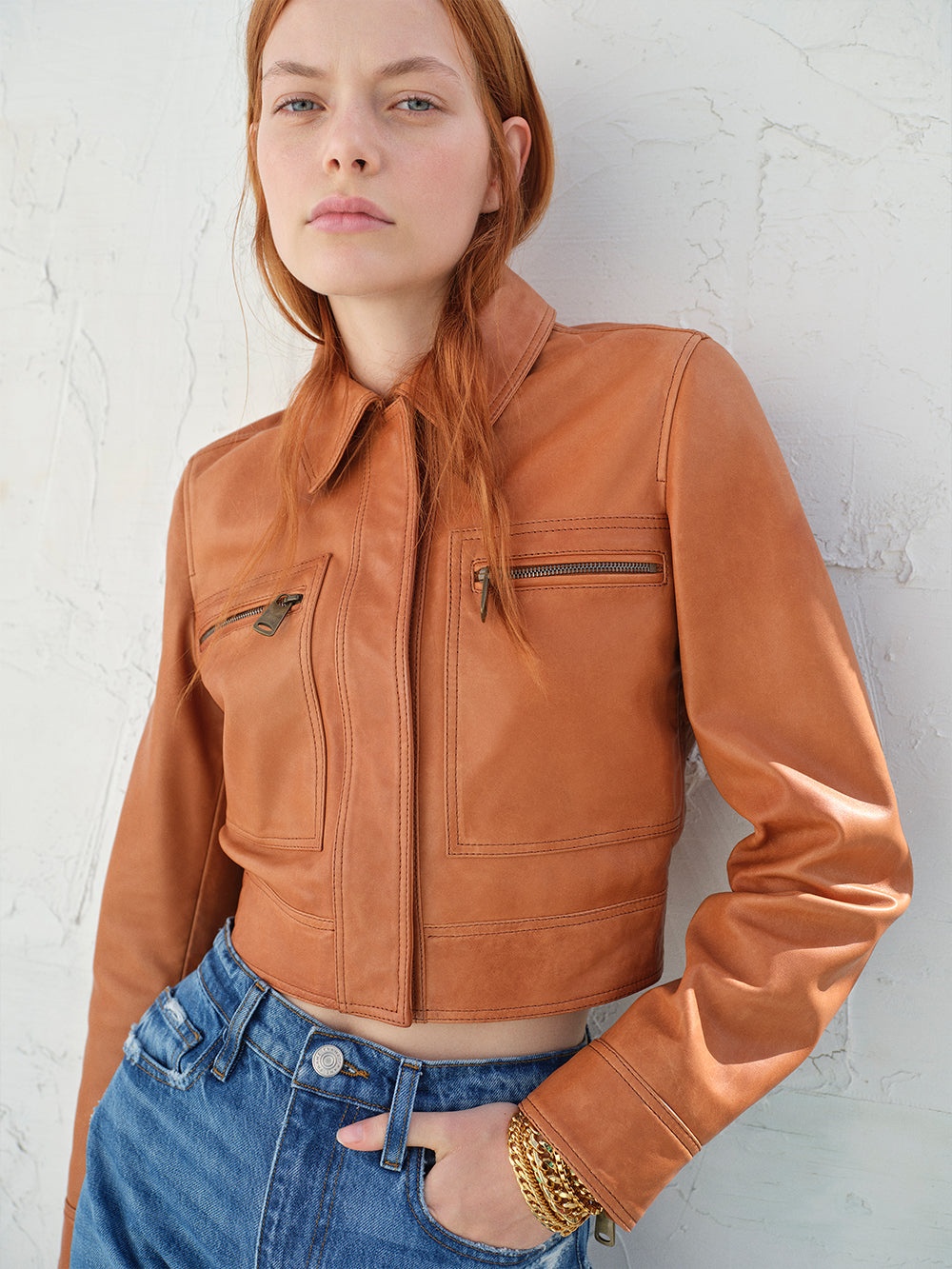 Fitted Leather Moto Jacket in Light Whiskey - 2