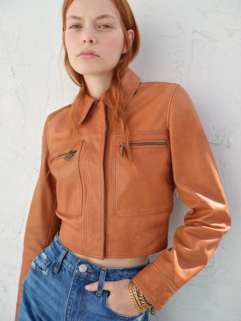 Fitted Leather Moto Jacket in Light Whiskey 2