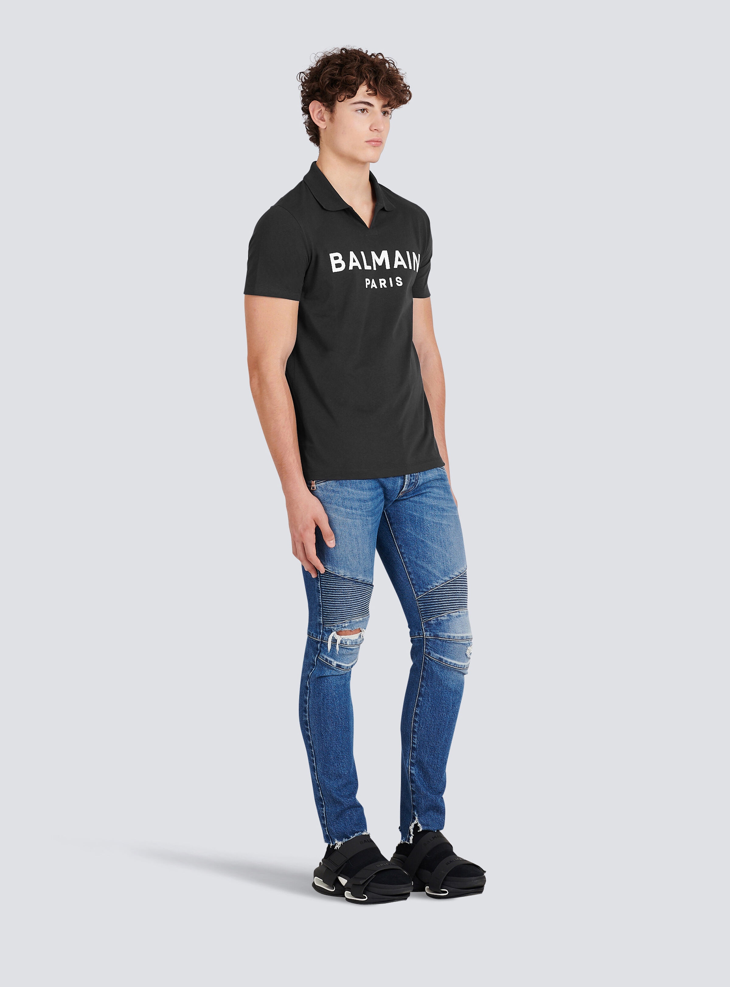 Cotton polo with black Balmain logo print - 5