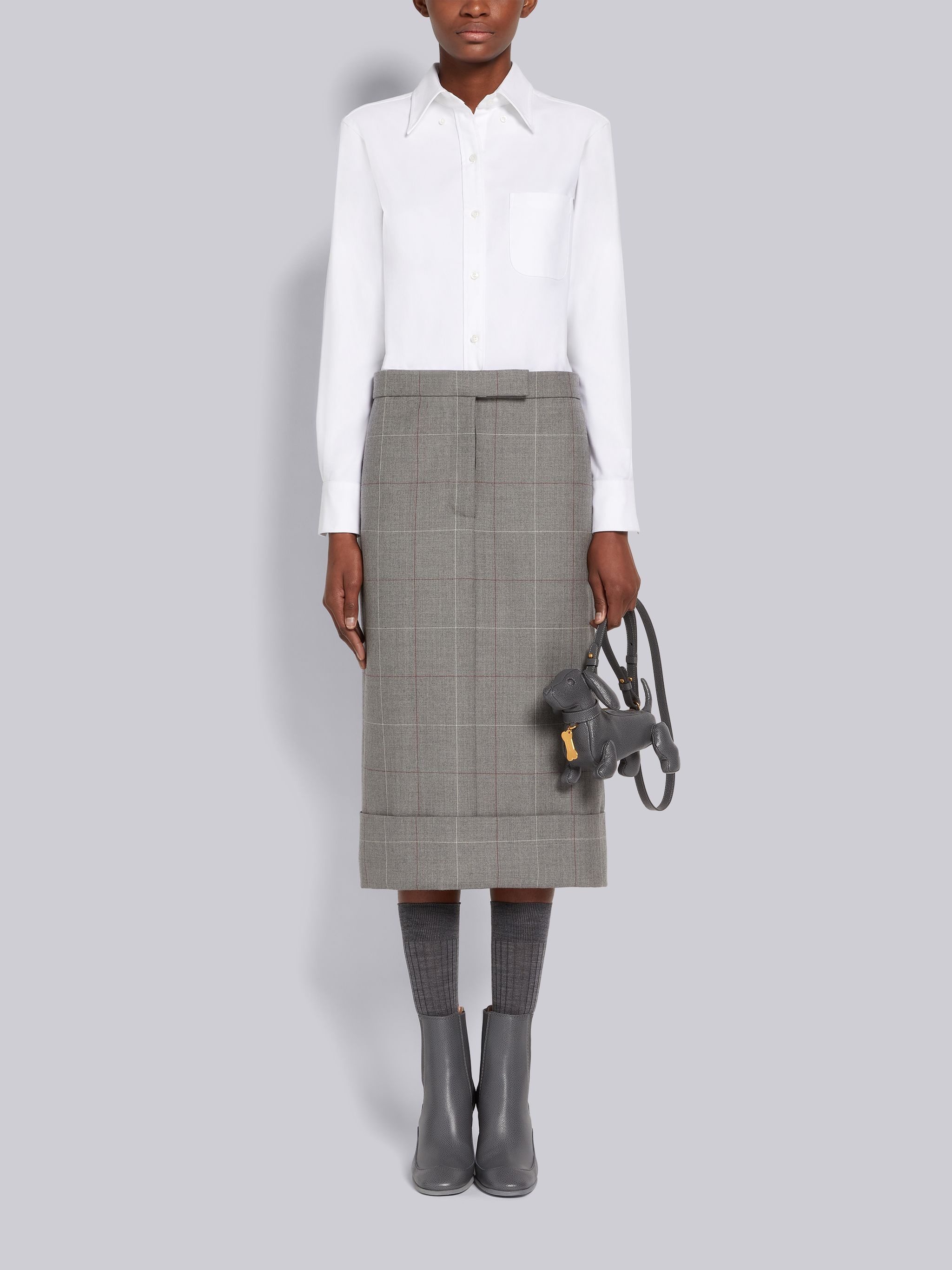 Medium Grey Oxford & Herringbone Windowpane Wool Suiting Knee Length Shirtdress - 1
