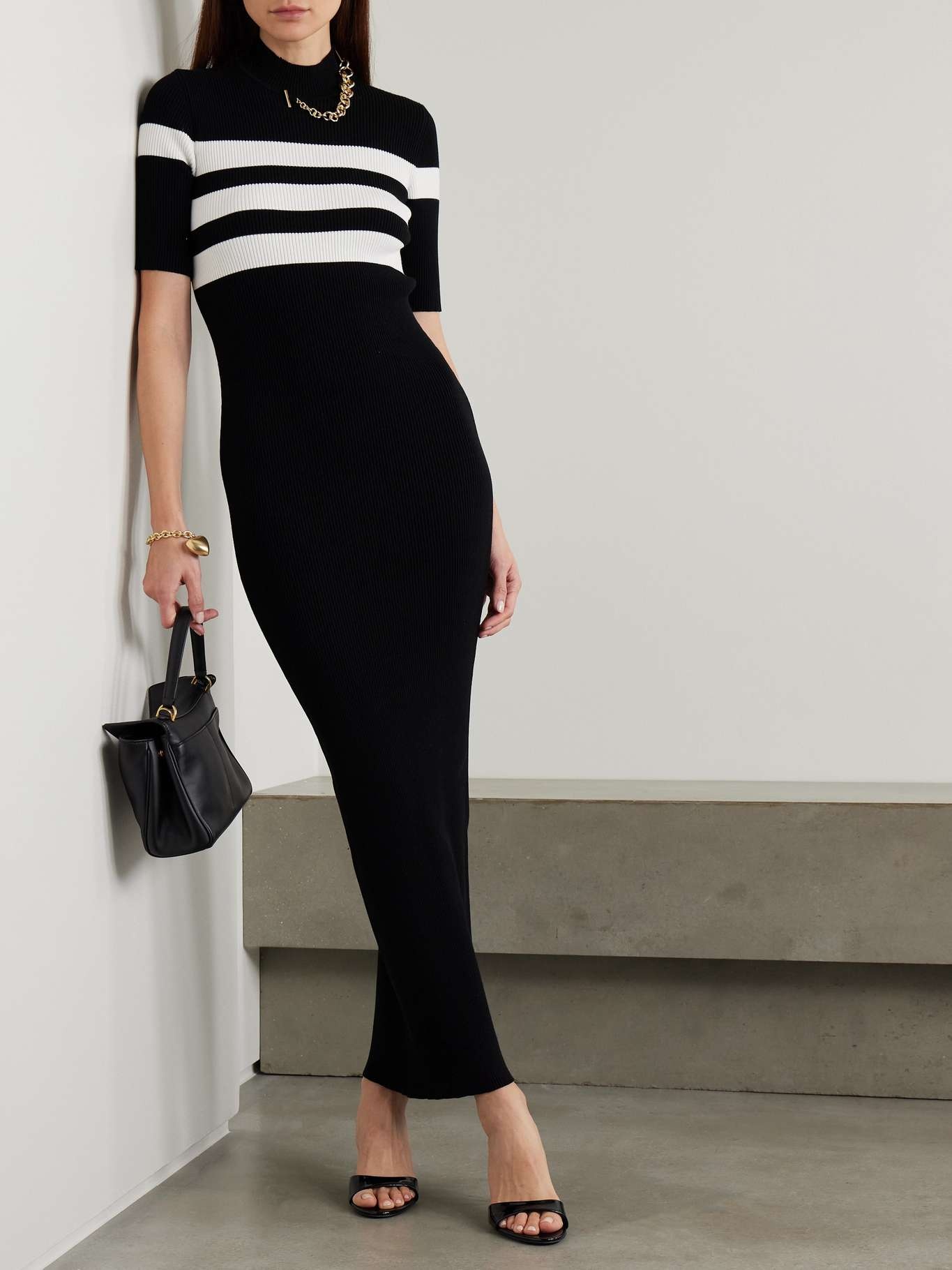 Chain-embellished striped ribbed-knit maxi dress Black - 2