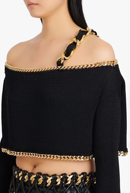 Cropped black and gold eco-designed knit sweater - 6