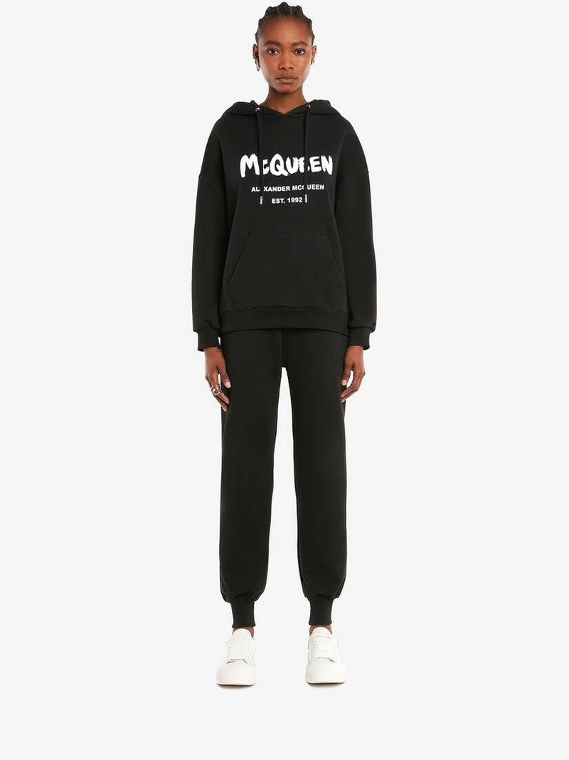 Alexander McQueen Mcqueen Graffiti Hooded Sweatshirt in Black/white outlook