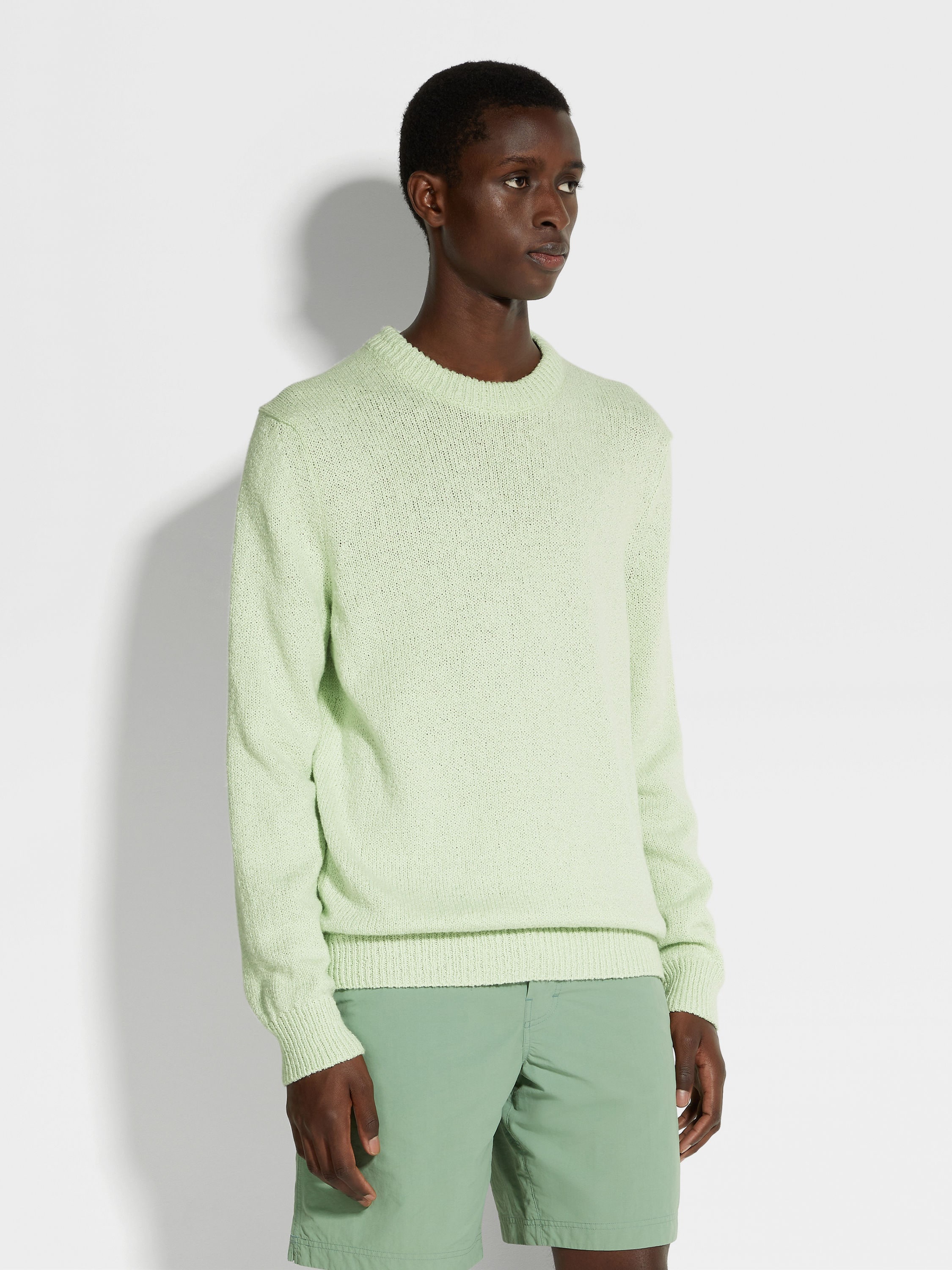 LIGHT AQUA GREEN COTTON AND SILK CREWNECK - 4