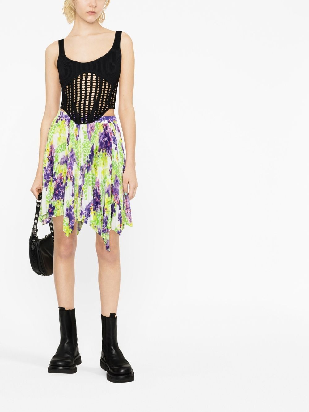 Logo Orchid-print pleated asymmetric skirt - 2