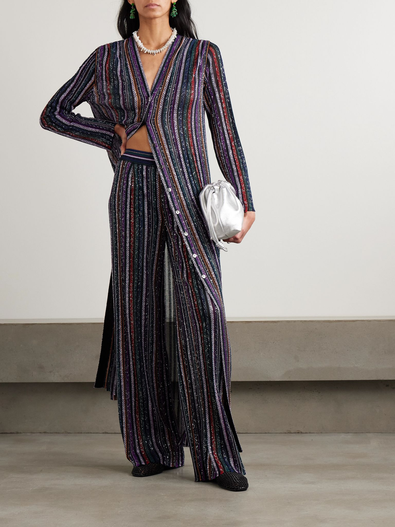 Sequined striped metallic crochet-knit wide-leg pants Black - 2