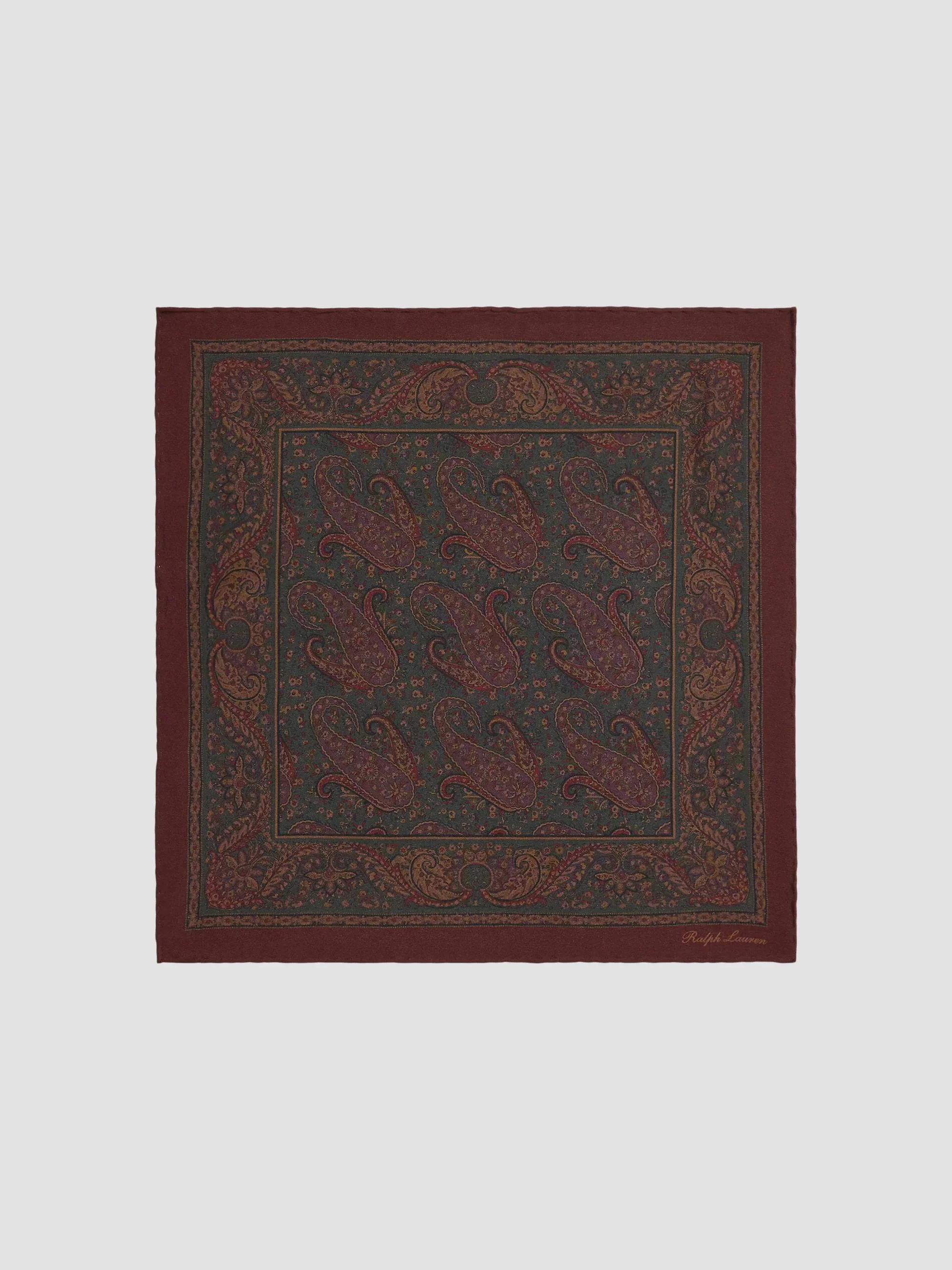 Men's Paisley Silk Pocket Square - Green Bordeaux - 1