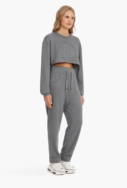 Cropped heather gray sweatshirt with embossed Balmain logo - 7