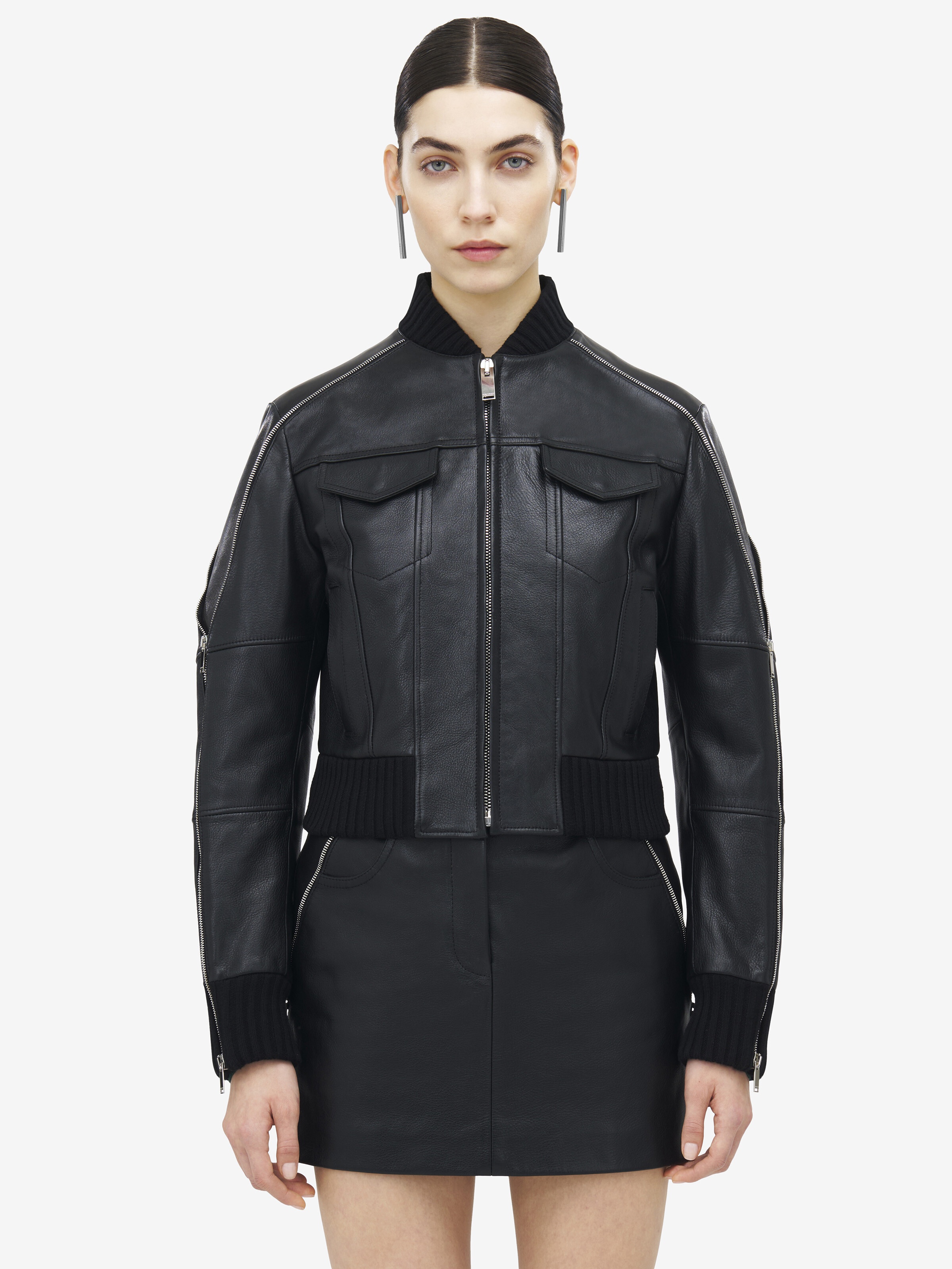Zip Detail Leather Bomber Jacket - 2
