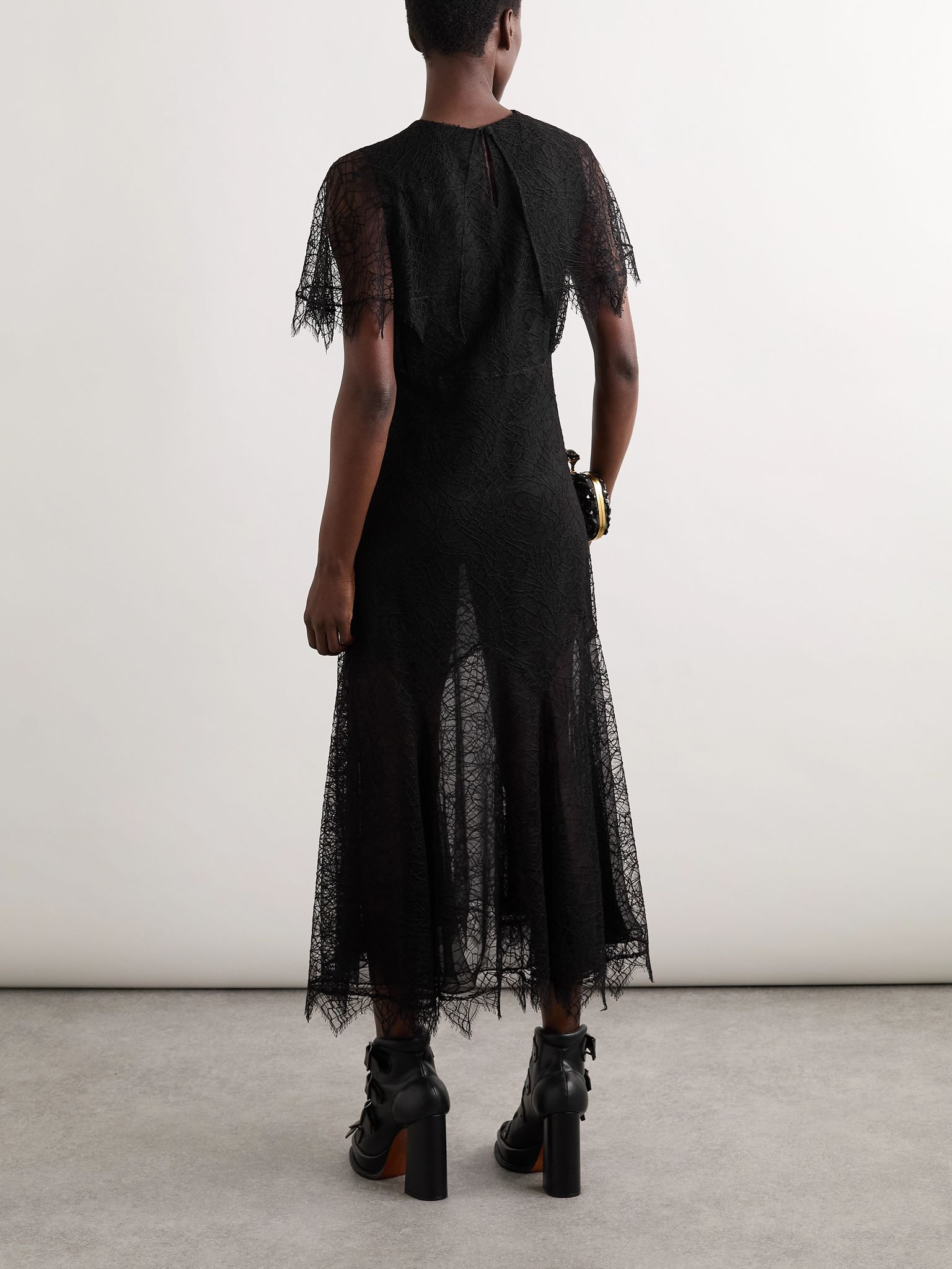 Cape-effect lace midi dress Black - 3
