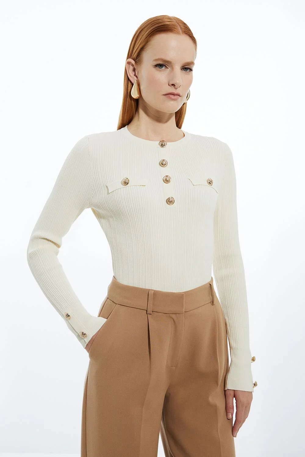 Petite Military Trim Rib Long Sleeve Knit Top - 1