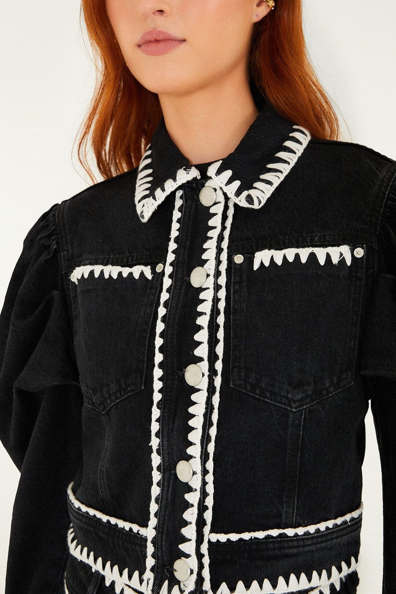 FARM RIO Black Romantic Crochet Embroidery Puff Sleeve Denim Jacket outlook