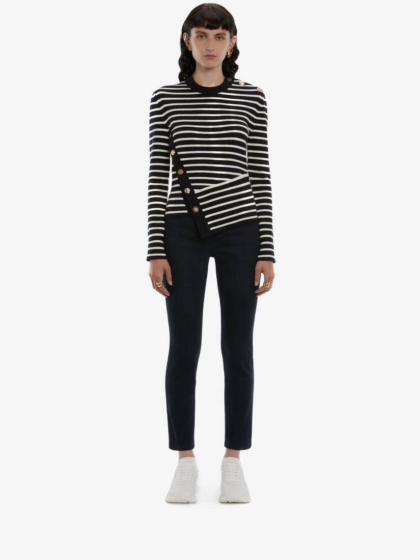 Button Stripe Knit Jumper in Navy/ivory - 2