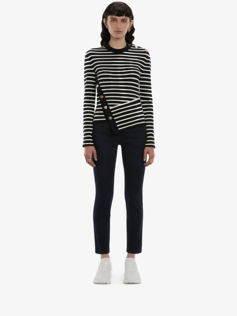 Alexander McQueen Button Stripe Knit Jumper in Navy/ivory outlook