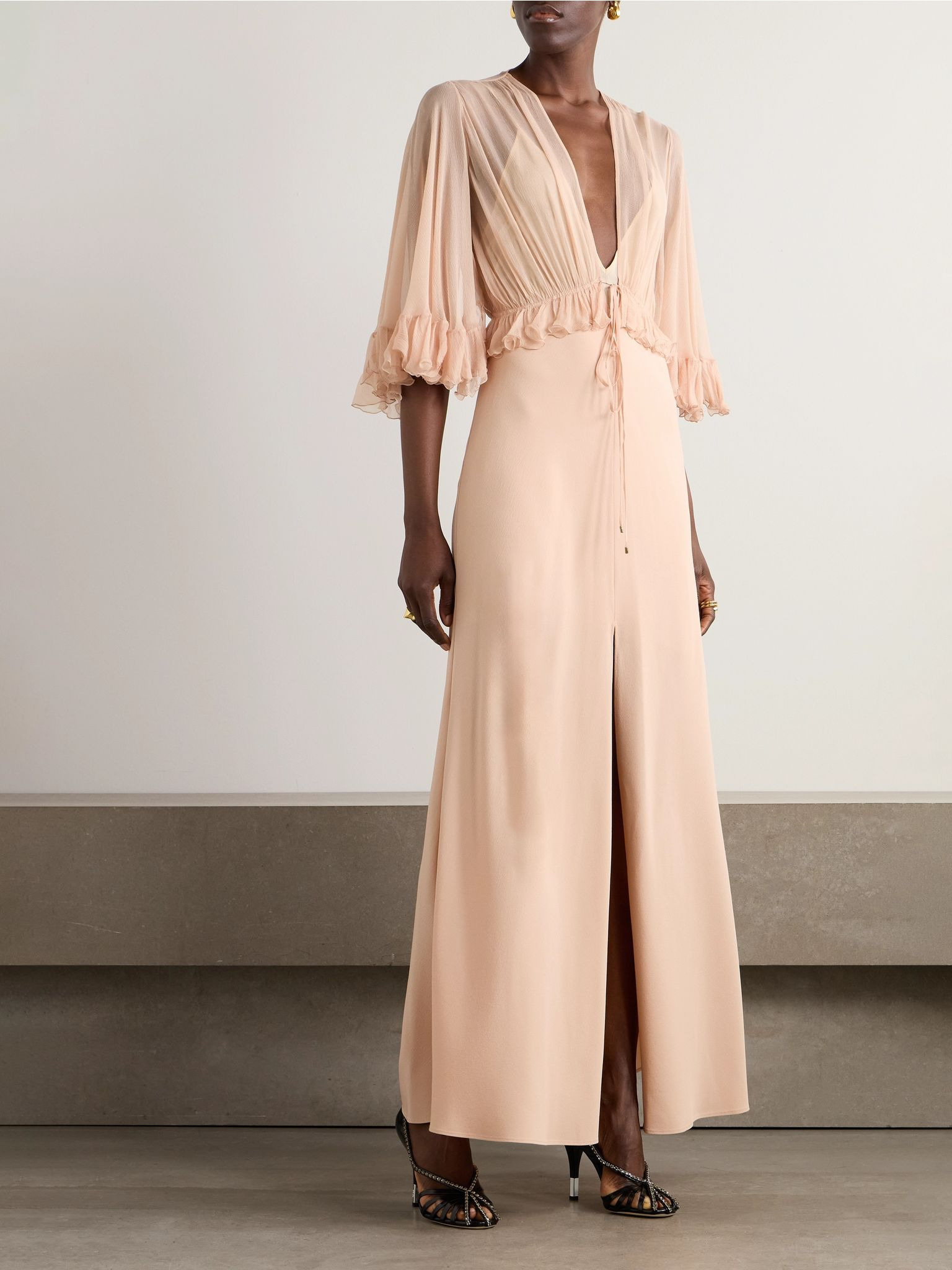 Ruffled silk-crepon and crepe maxi dress Baby pink - 2