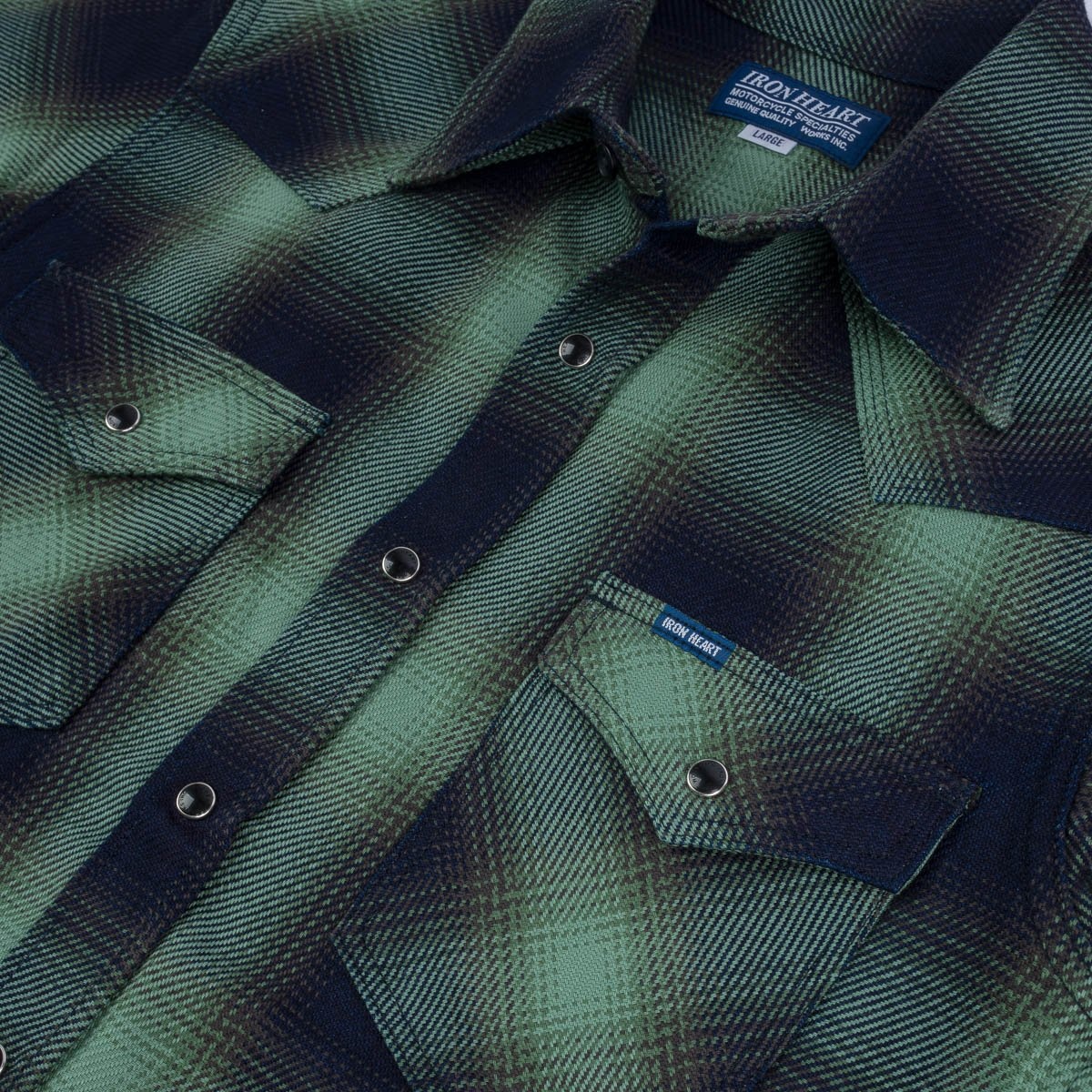 IHSH-348-GRN 9oz Selvedge Ombré Check Western Shirt - Green - 9