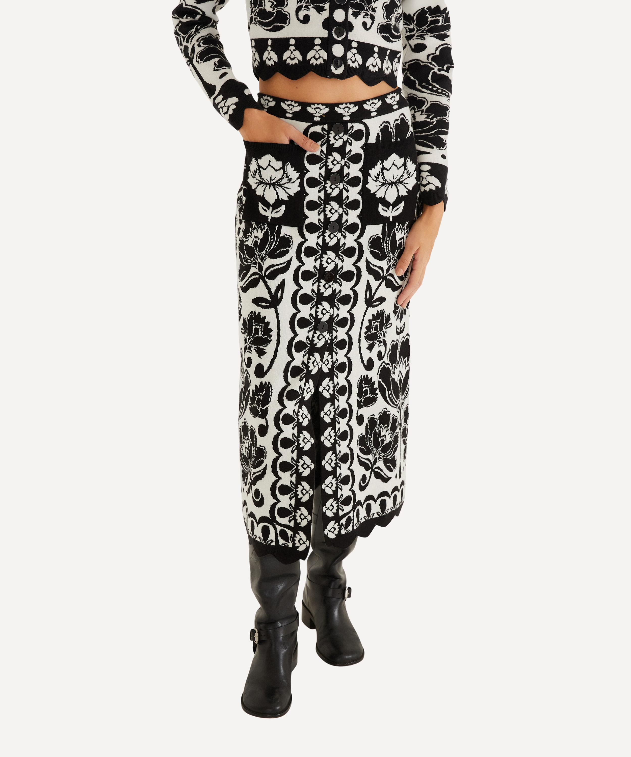 Black and White Floral Arabesque Knit Midi Skirt - 3