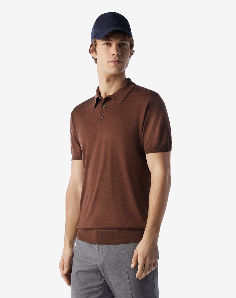 CORNELIANI Burned earth blue pure silk button-up polo outlook