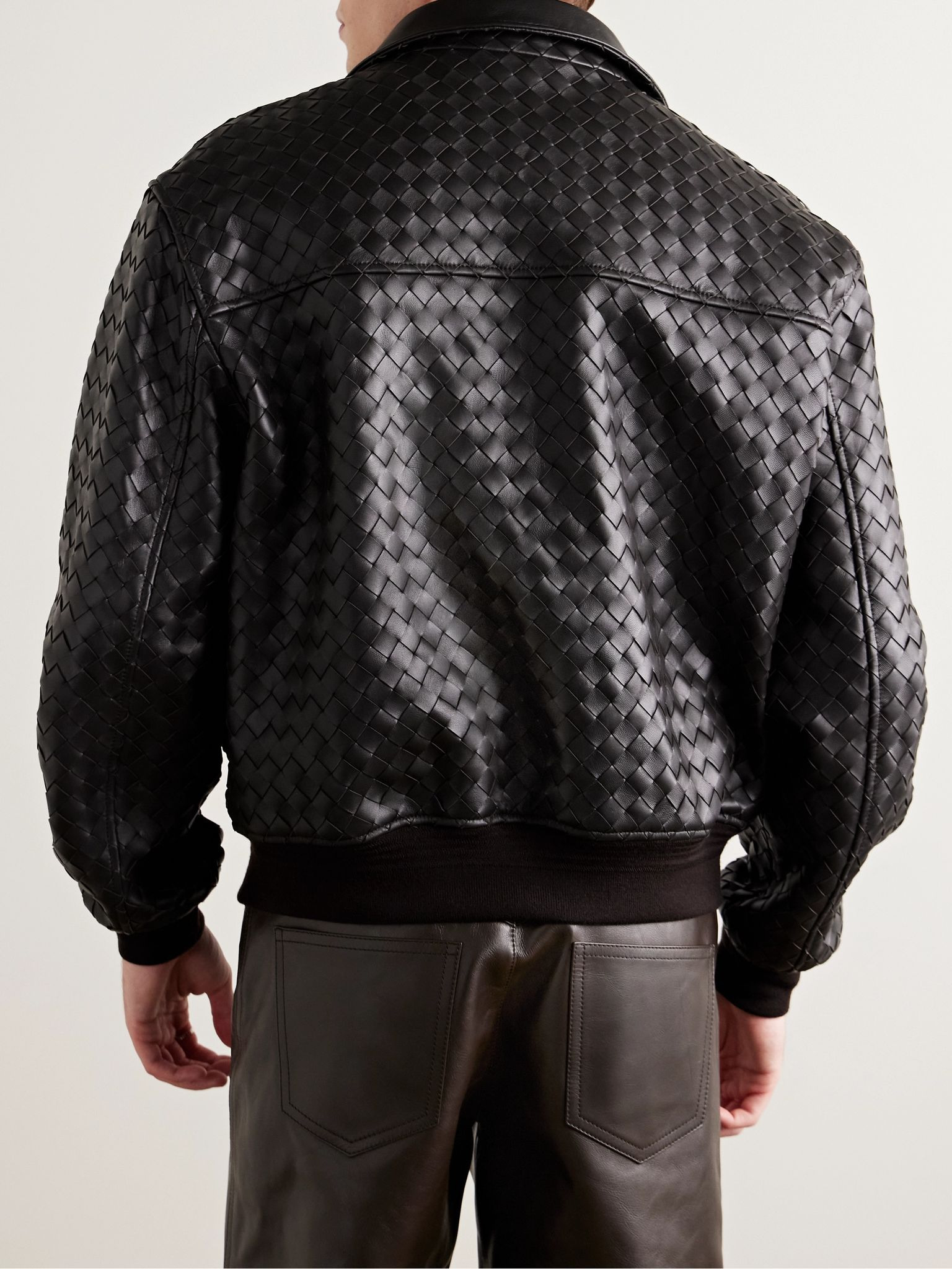 Intrecciato Leather Blouson Jacket Brown - 3
