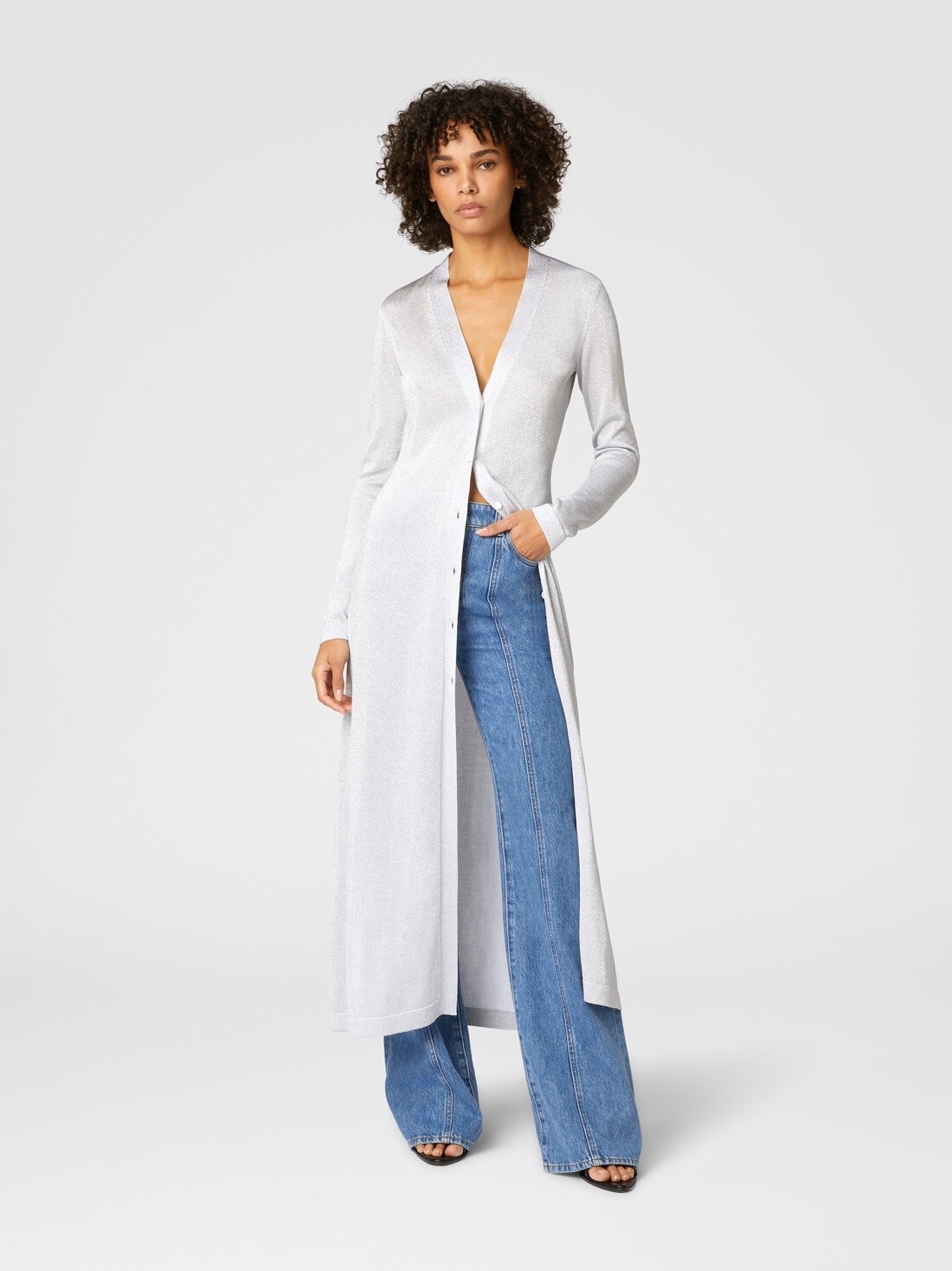 Long lamé viscose cardigan with V-neck - 2
