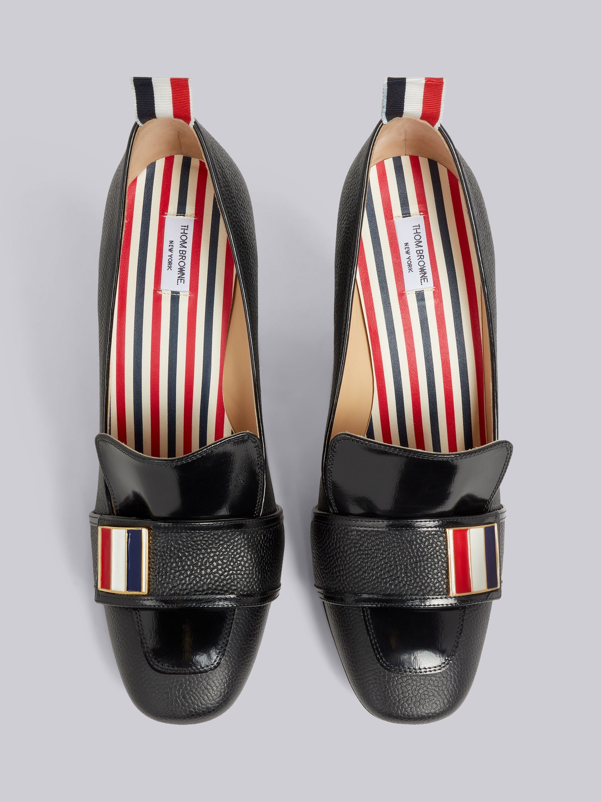 Black Soft Patent Leather Stripe Enamel Strap 105mm Block Heel Loafer - 4