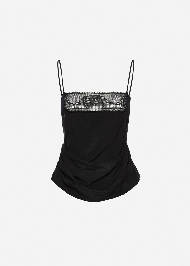 Draped silk lace-trim top in black 1
