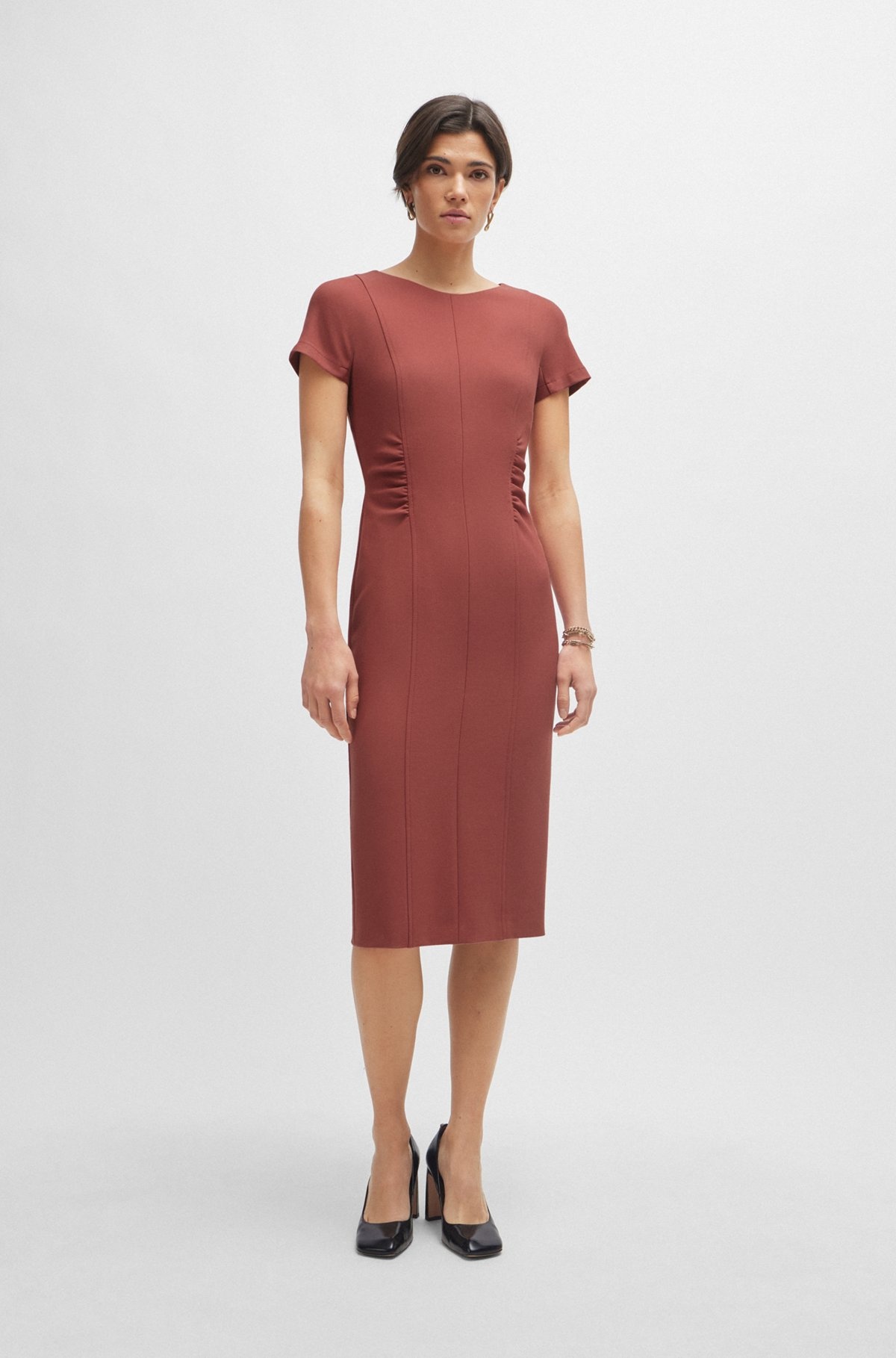 SLIT-FRONT BUSINESS DRESS WITH GATHERED DETAILS - 3