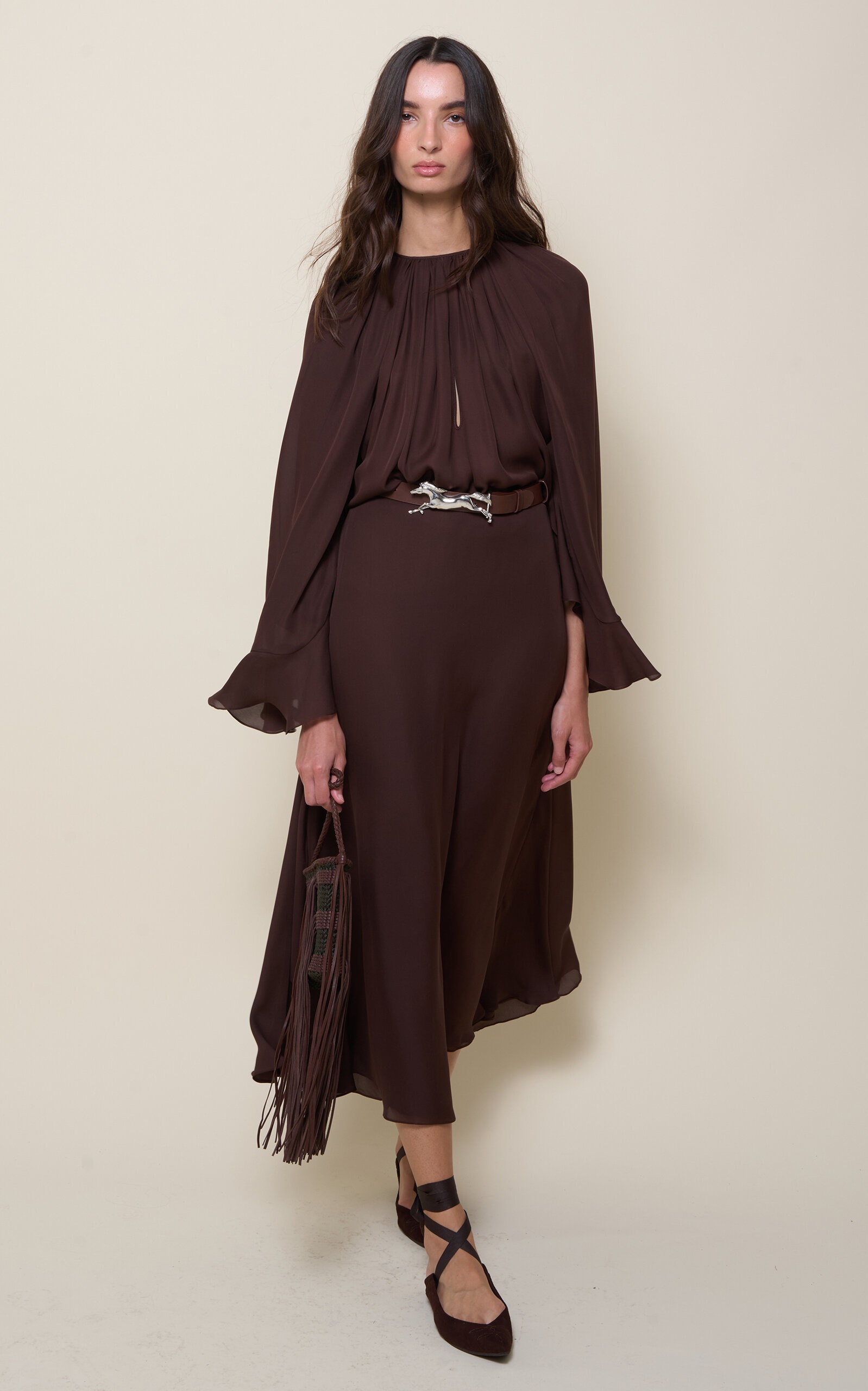 La Bohemia Gathered Silk Blouson Top brown - 2