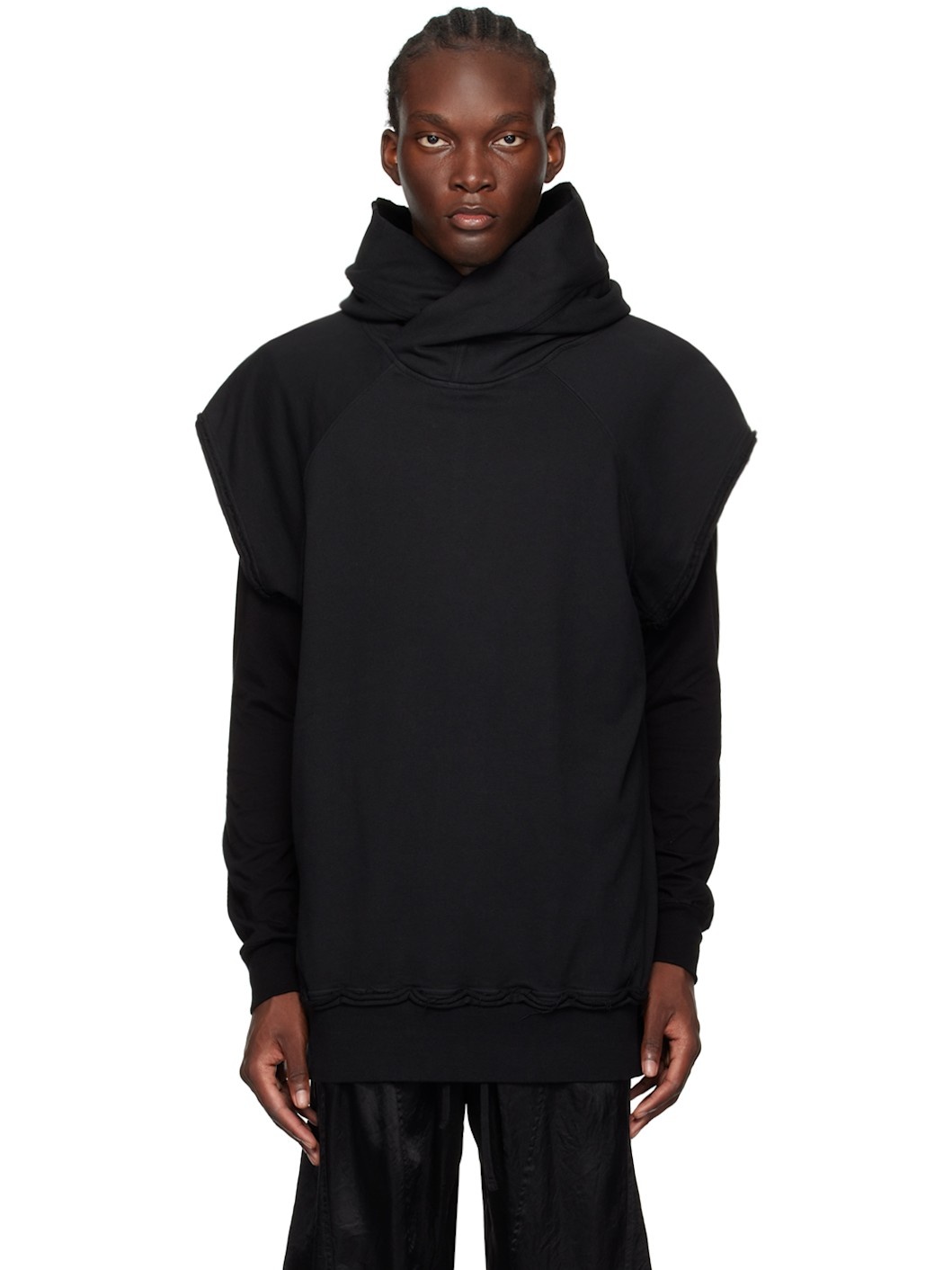 Black Cotton Raw Edge Hoodie - 1