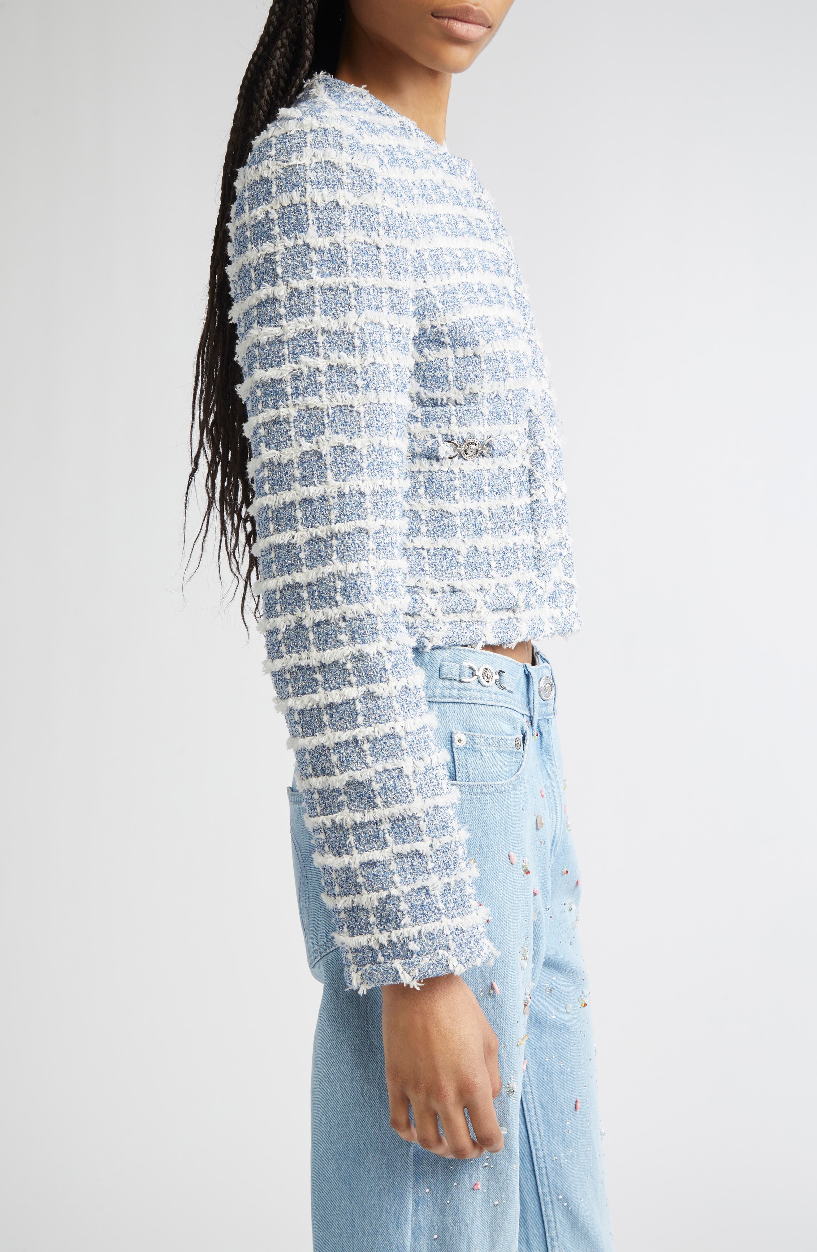 Versace Medusa '95 Windowpane Tweed Crop Jacket in Light Indigo at Nordstrom - 4