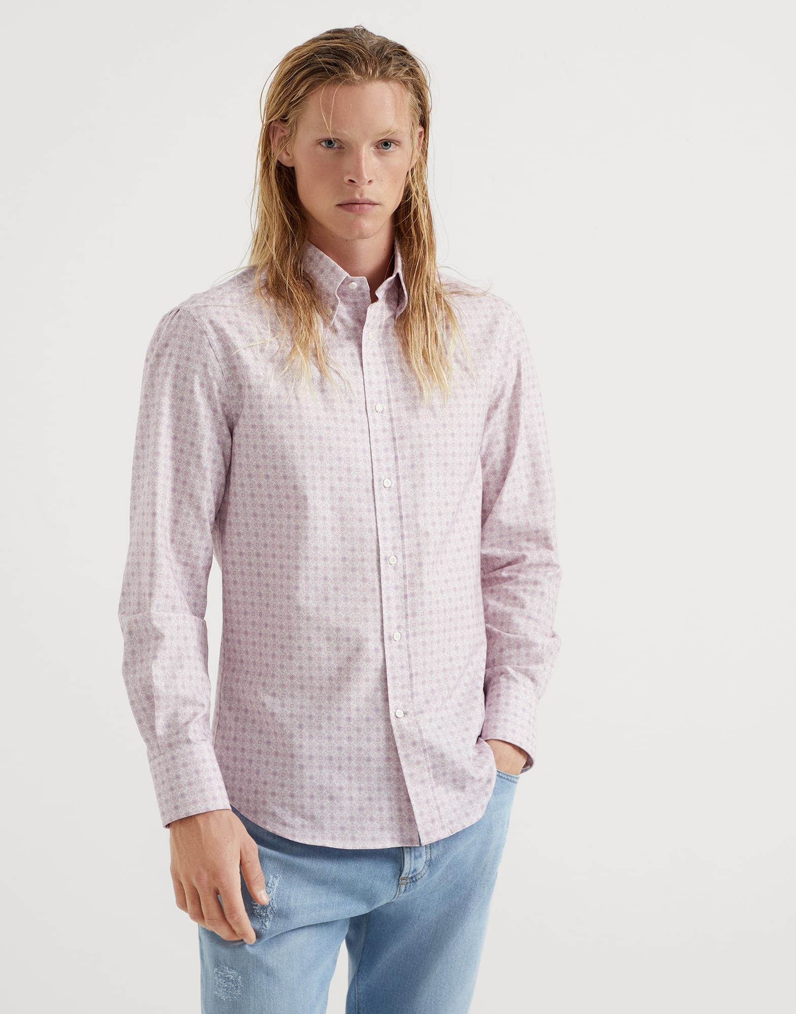 Cotton slim fit shirt with geometric pattern and button-down collar - 1