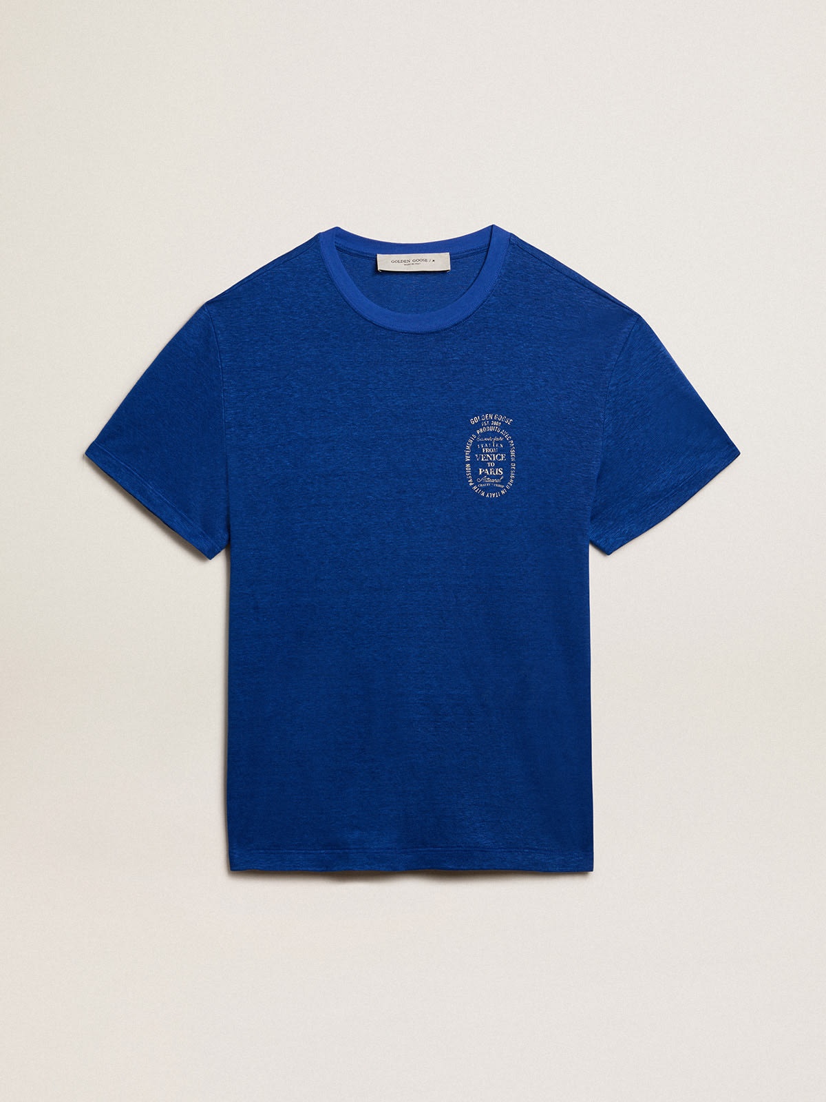 Men’s blue-colored linen T-shirt with print on the chest - 1