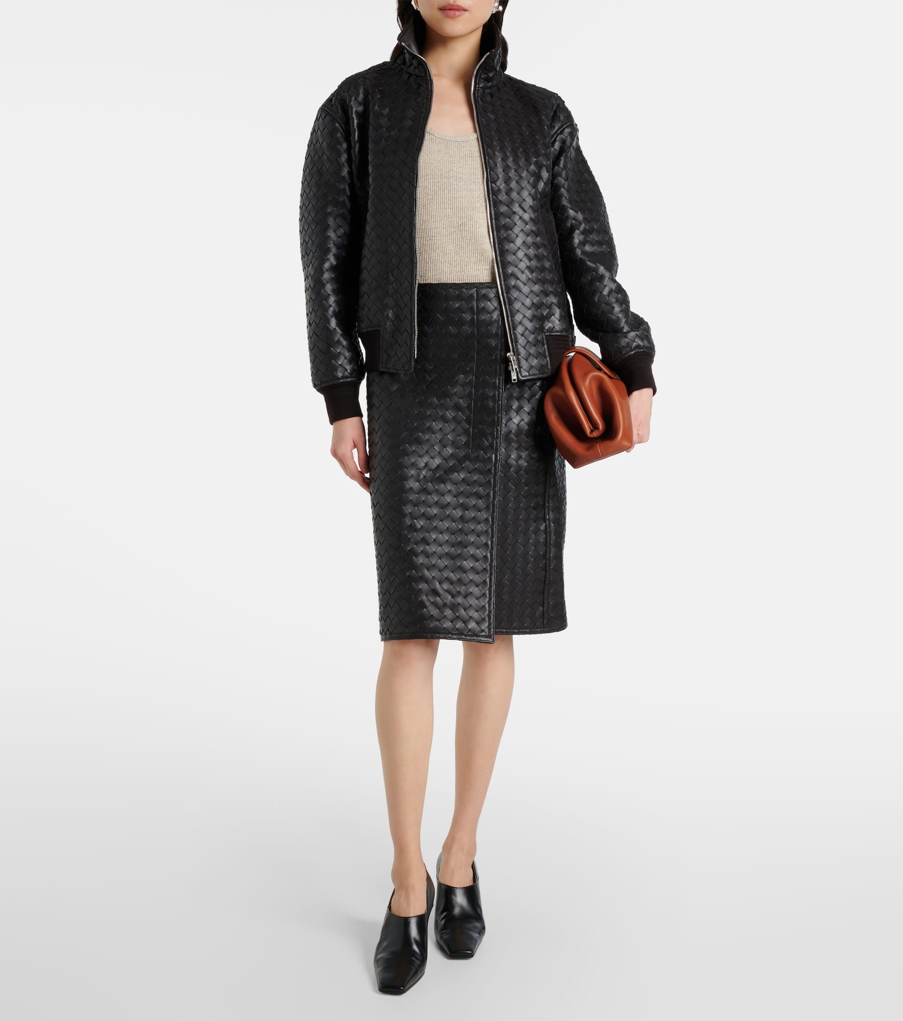 Intrecciato leather midi skirt - 2