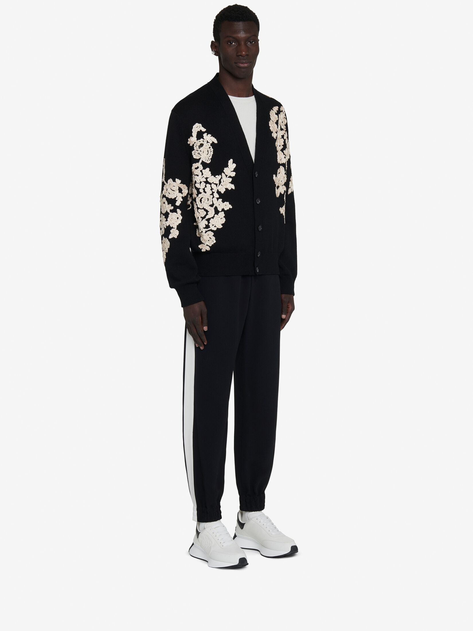 Men's Floral Embroidery Cardigan in Black/ivory - 3
