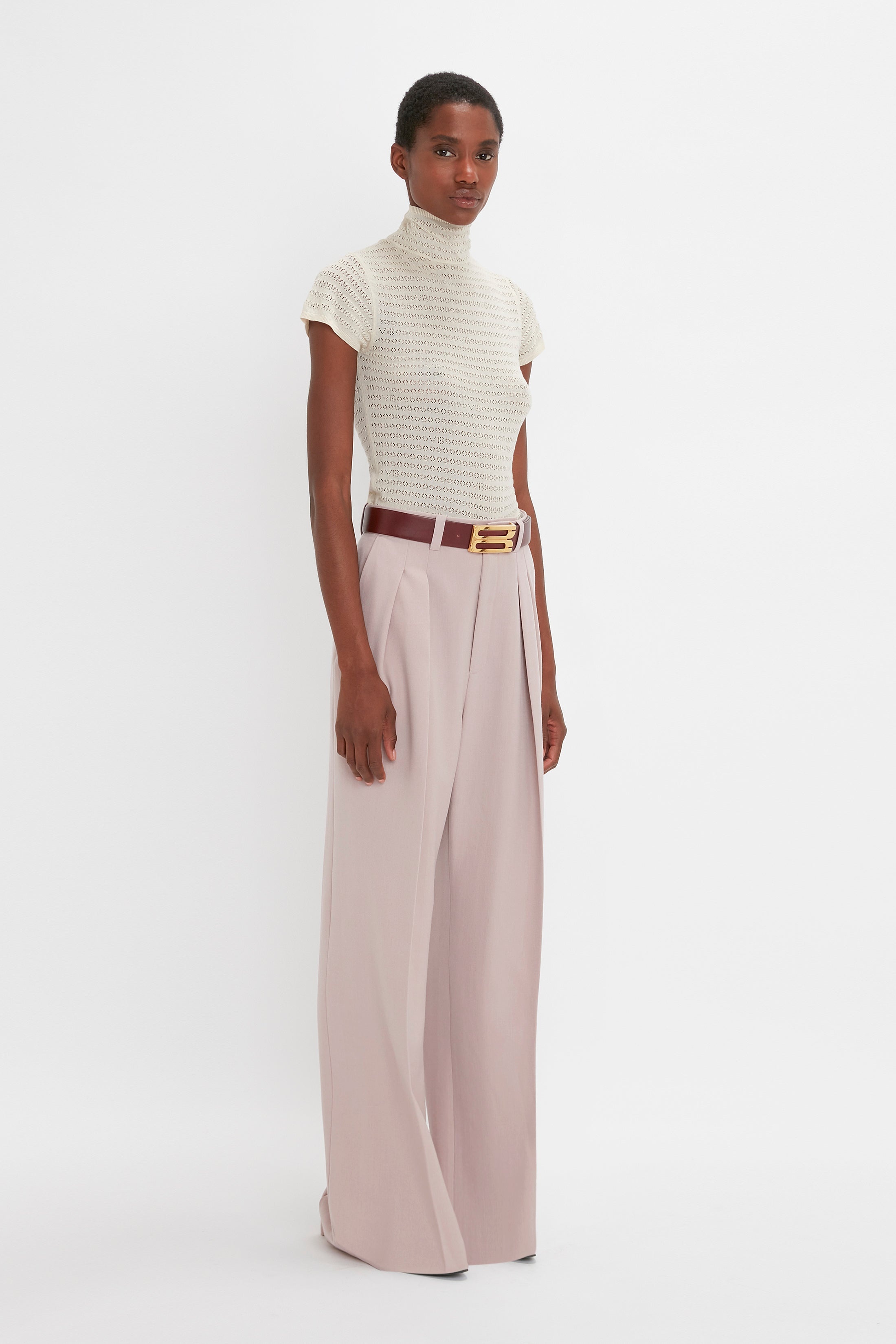 Polo Neck Knitted T-Shirt In Cream - 3