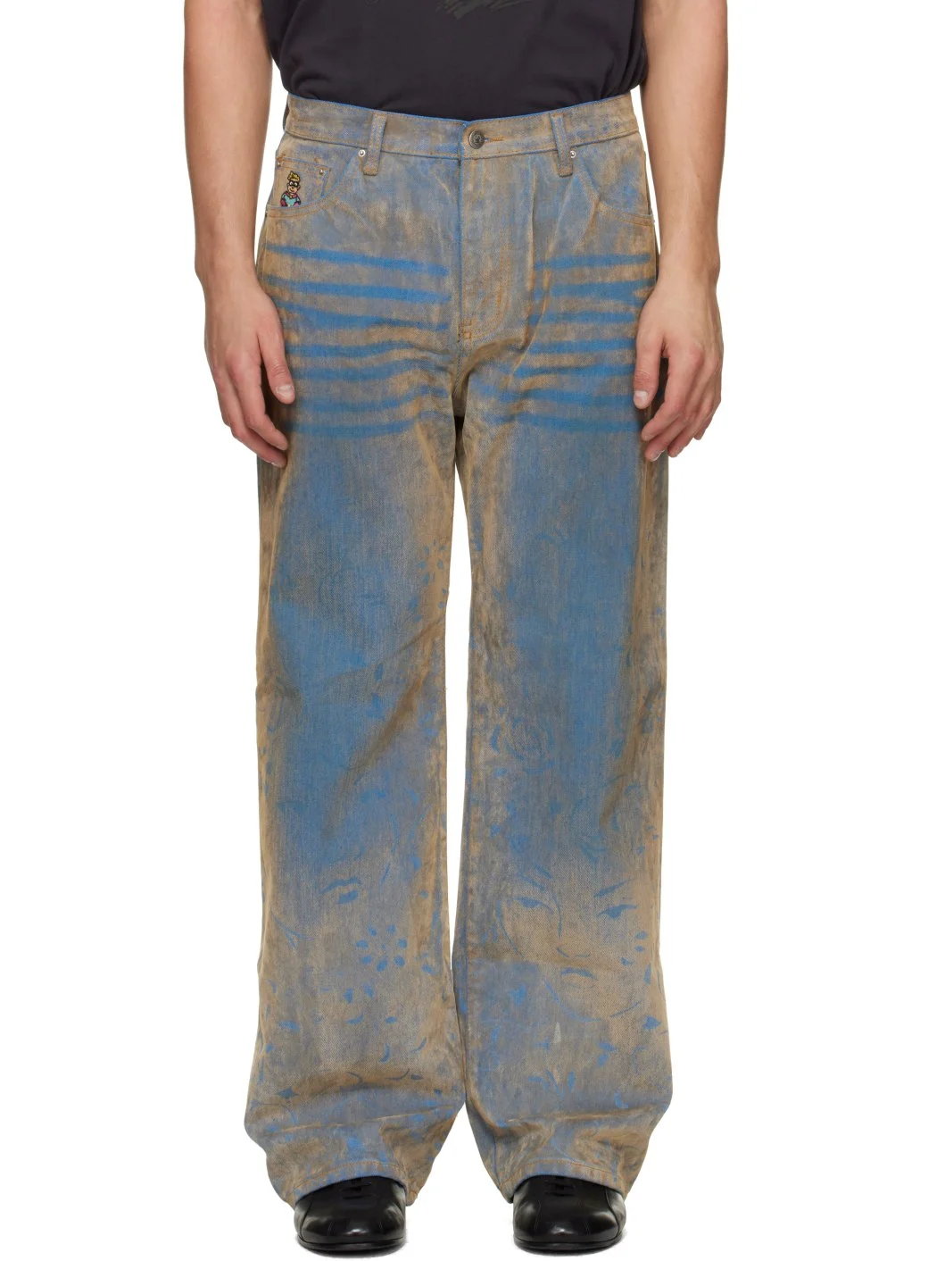 Blue Floral Badge Flocked Jeans - 1